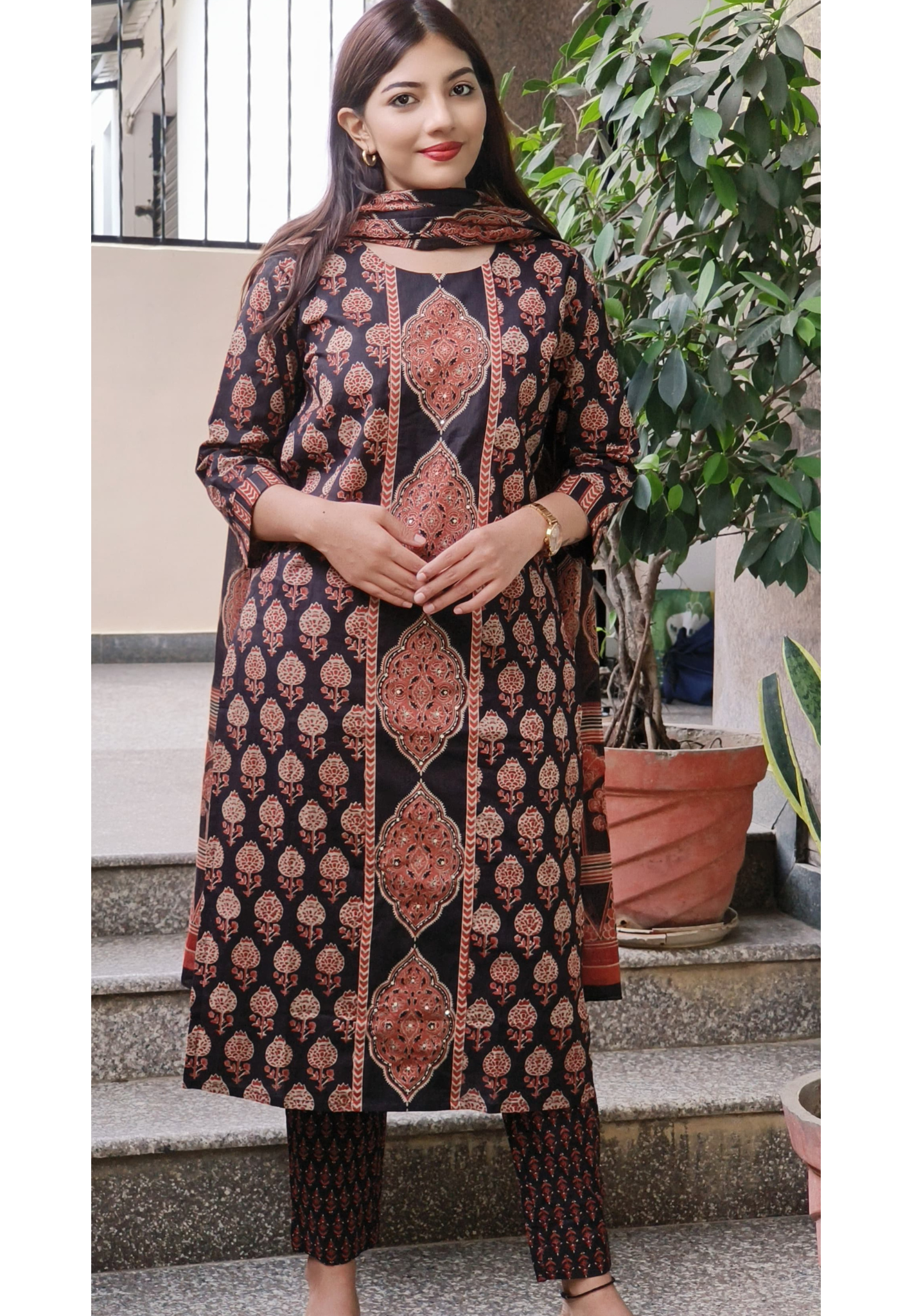 Cotton Block Printed Kurta Pant Set with Cotton Printed Dupatta-09161
