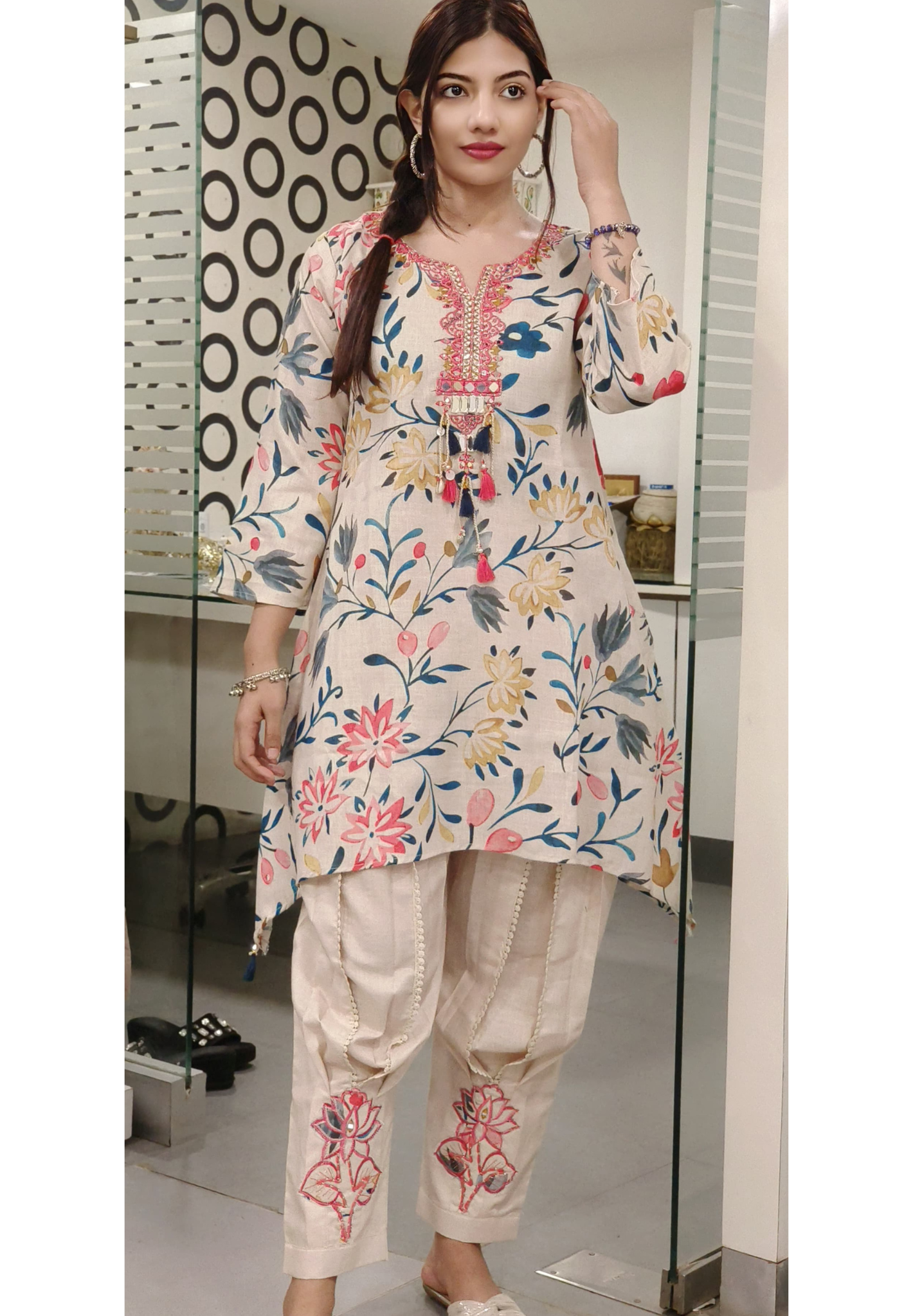 Hi Low Elegant Jute Cotton Printed Cord Set with Embroidered Stylish Embroidered Pants 09166