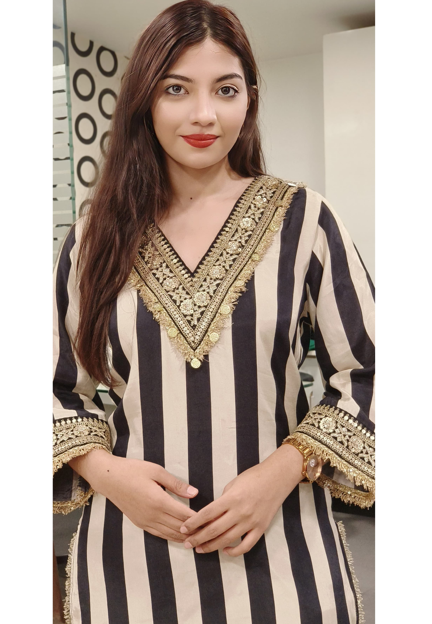 Luxury Striped Black & Gold Embellished Kurta with Intricate Handwork-09253