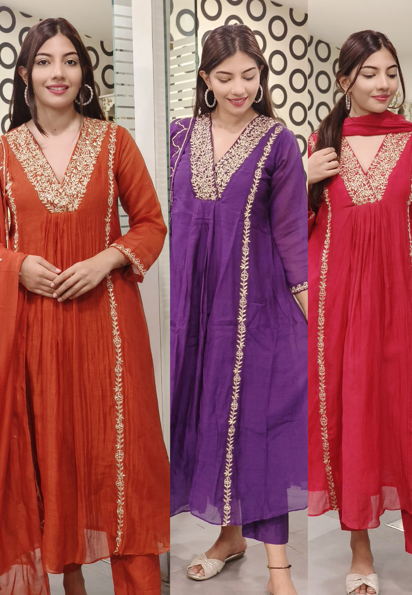 Exquisite Embroidered V-Neck Pure Mul Chanderi A-Line Kurta Set with Pants & Dupatta – A Timeless Blend of Elegance & Comfort-