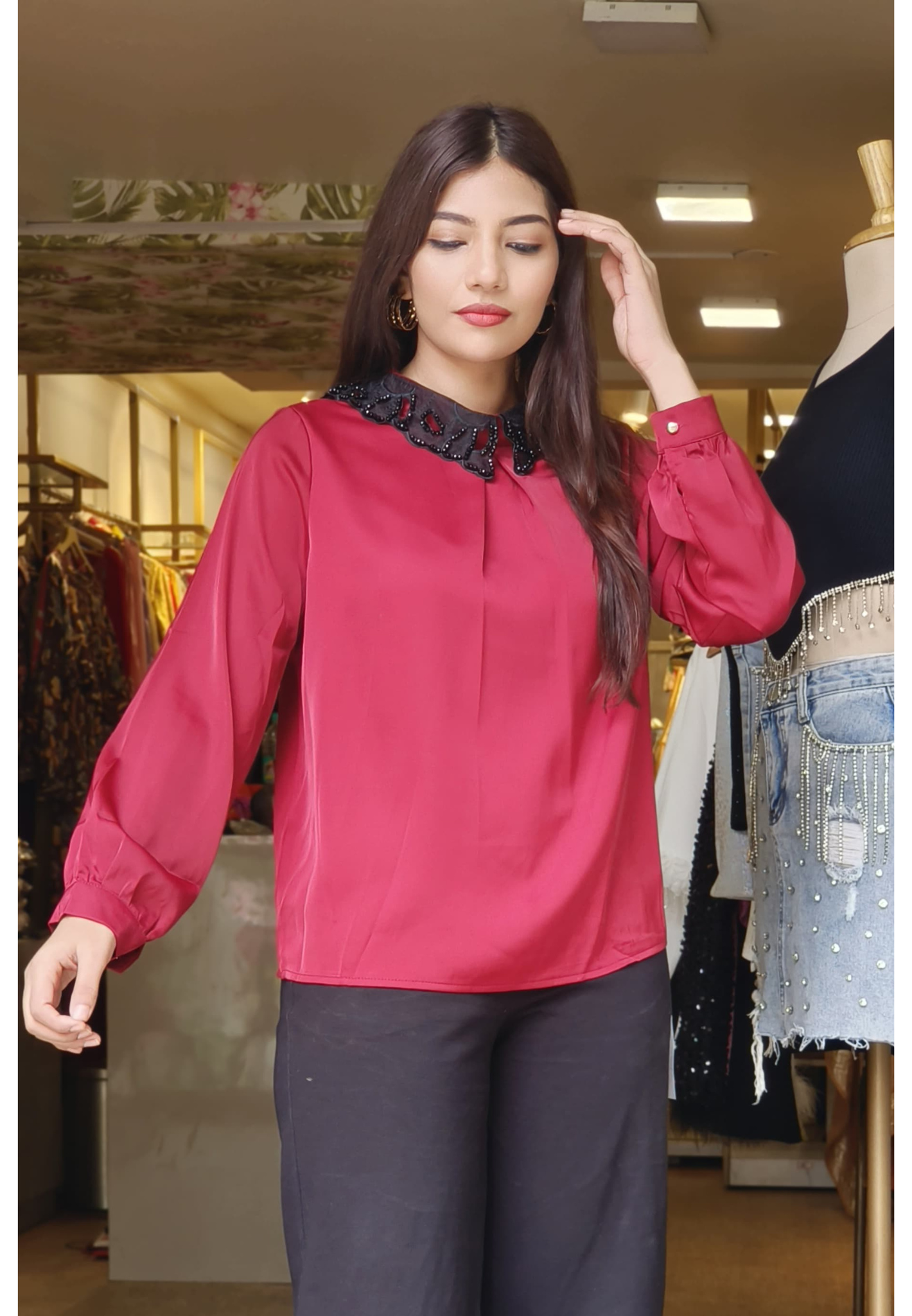 Korean-Style Loose-Fit Turn-Down Collar Long Sleeve Top 09270