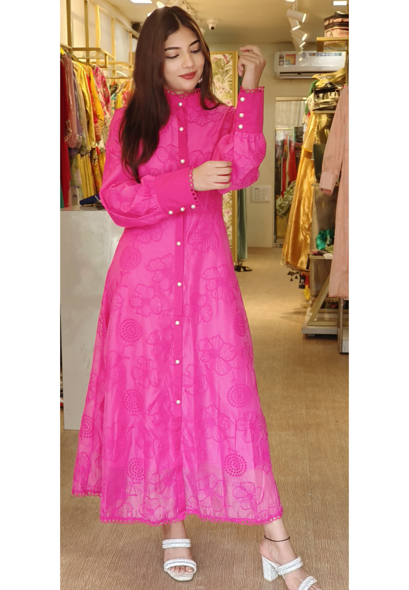 Cotton Korean-Inspired Sweet Temperament Summer Dress with Cutwork Details-09268