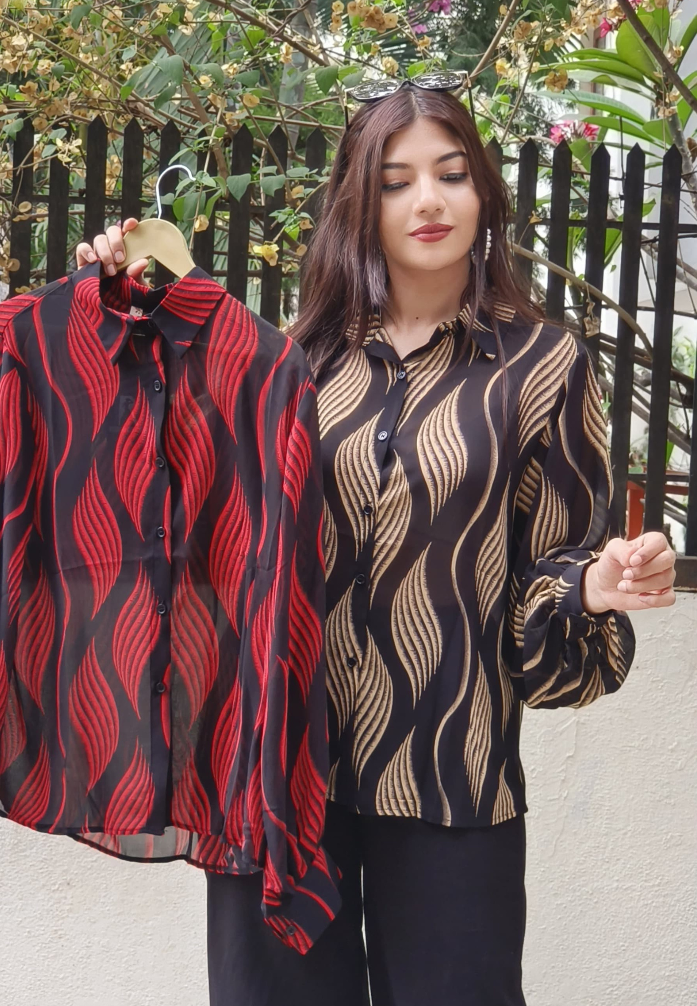Graceful Swirls Sheer Georgette Button-Down Shirt with Elegant Collar