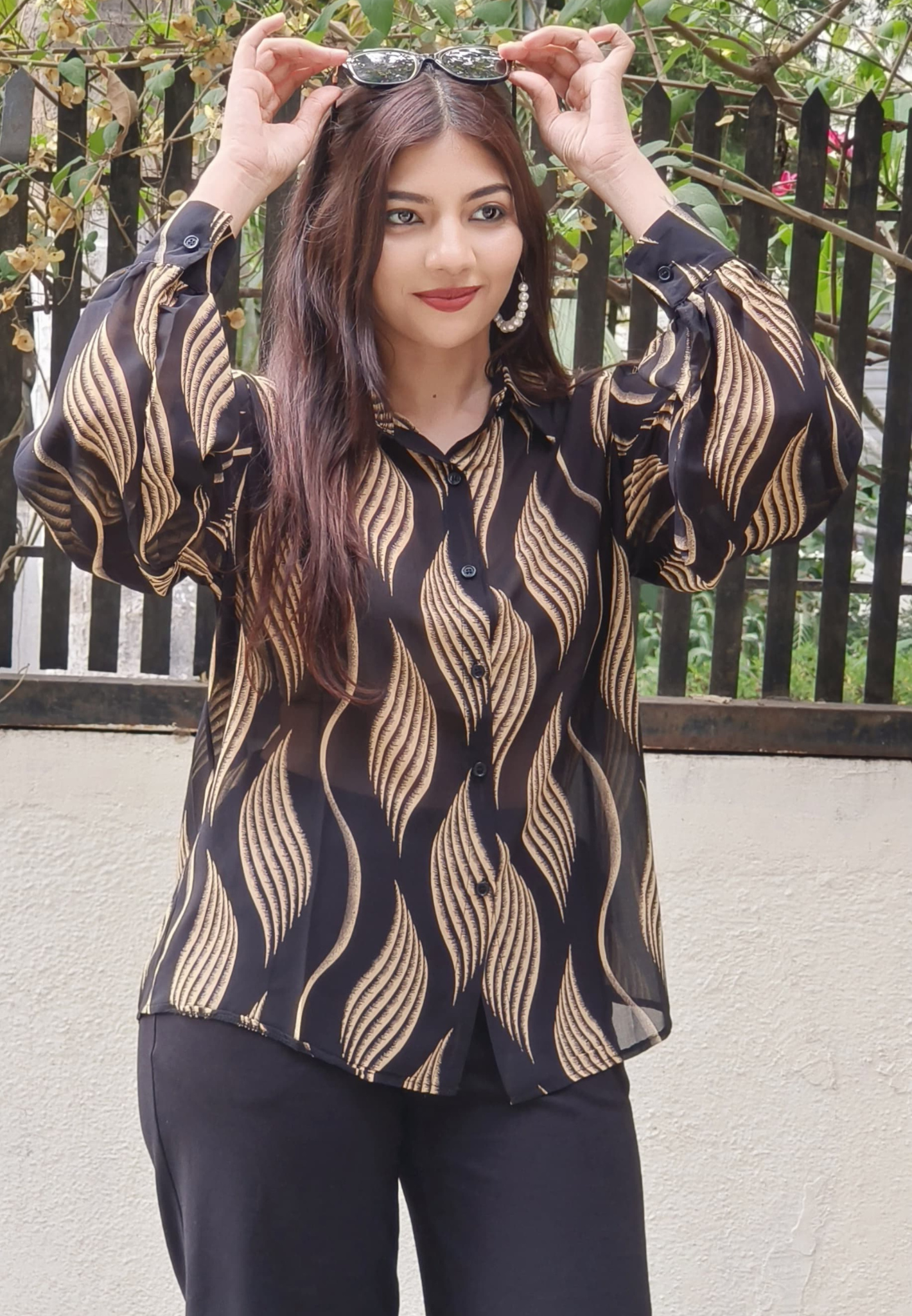 Graceful Swirls Sheer Georgette Button-Down Shirt with Elegant Collar