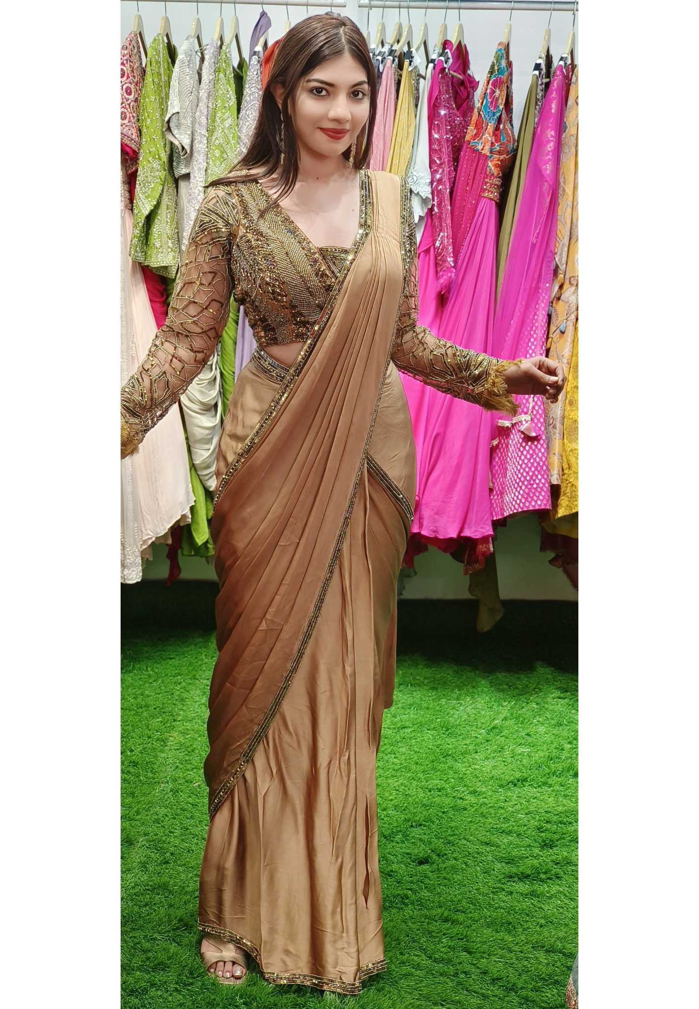 Golden Radiance Luxe Hand-Embroidered Saree with Sheer Statement Blouse