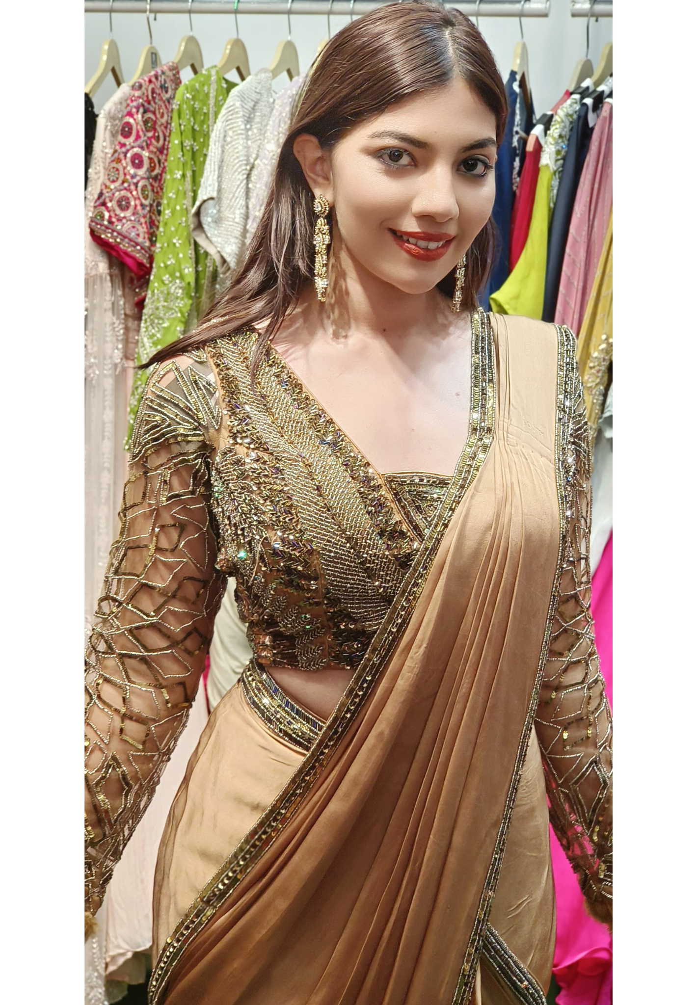 Golden Radiance Luxe Hand-Embroidered Saree with Sheer Statement Blouse