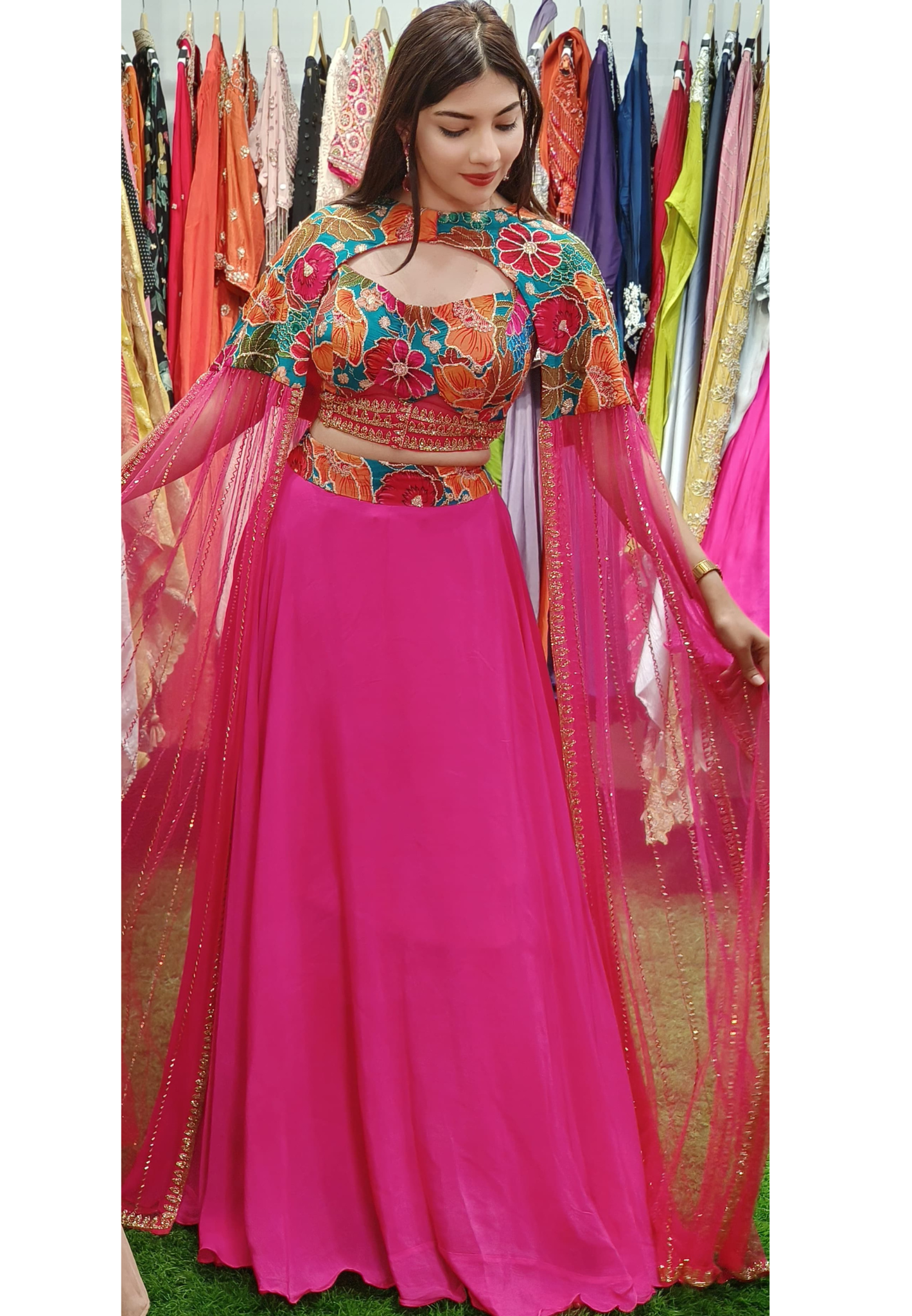 Floral Fantasy: Vibrant Pink Lehenga with Hand-Embroidered Multicolor Cape Blouse ONLY ON ORDERS DISPATCHING AFTER 30 DAYS