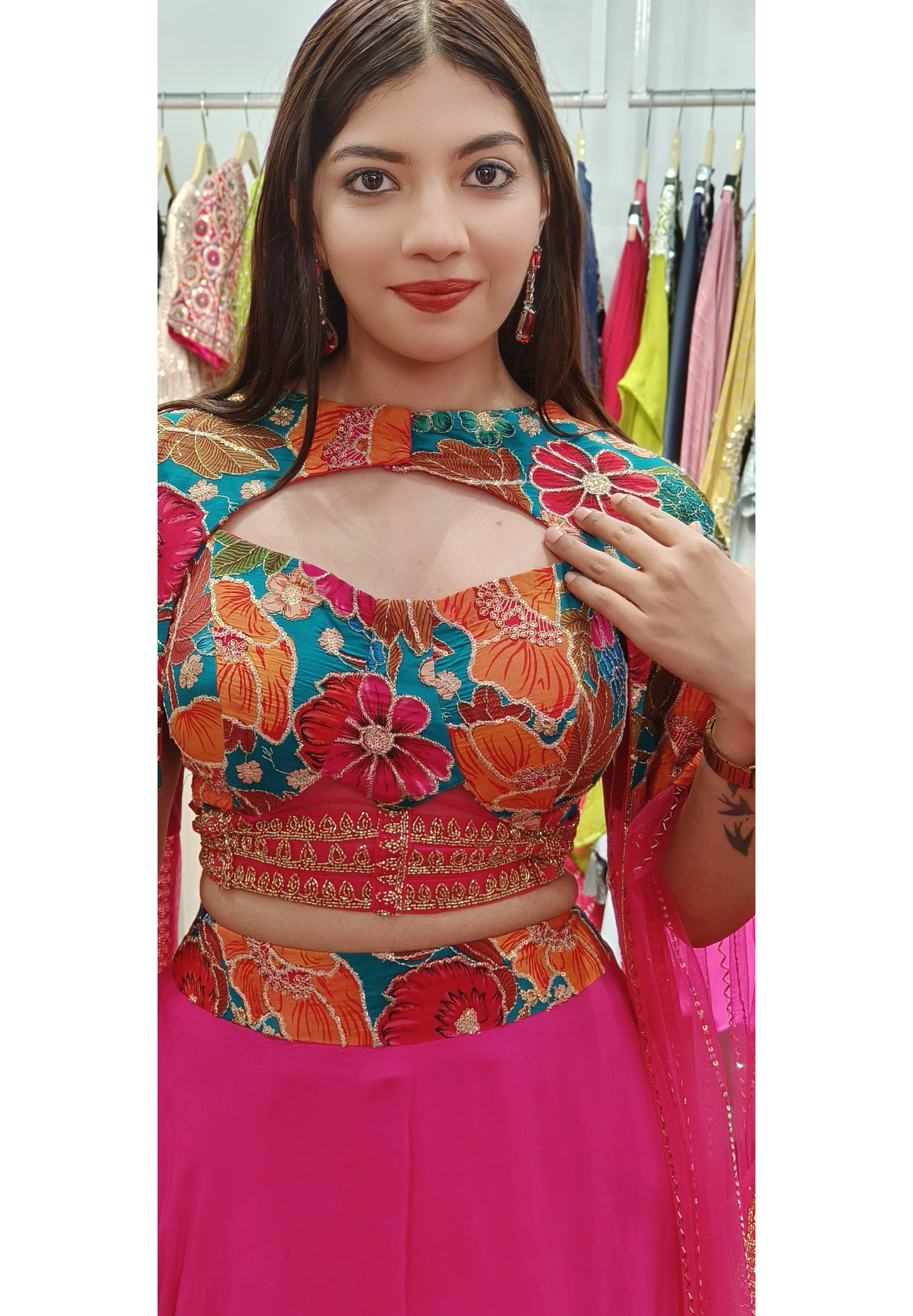 Floral Fantasy: Vibrant Pink Lehenga with Hand-Embroidered Multicolor Cape Blouse ONLY ON ORDERS DISPATCHING AFTER 30 DAYS