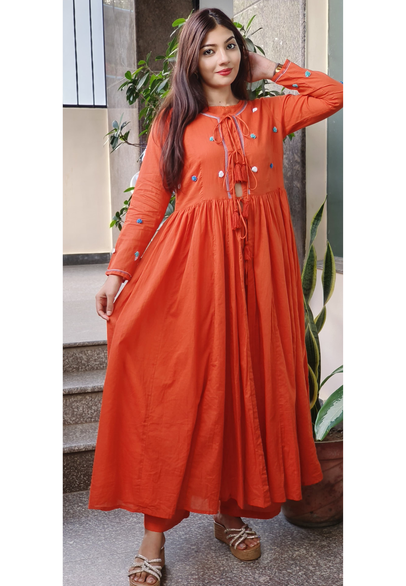 Rustic Charm – Pure Cotton Kurta Pant Set with Pom Pom Detailing & Stylish Layers 09159