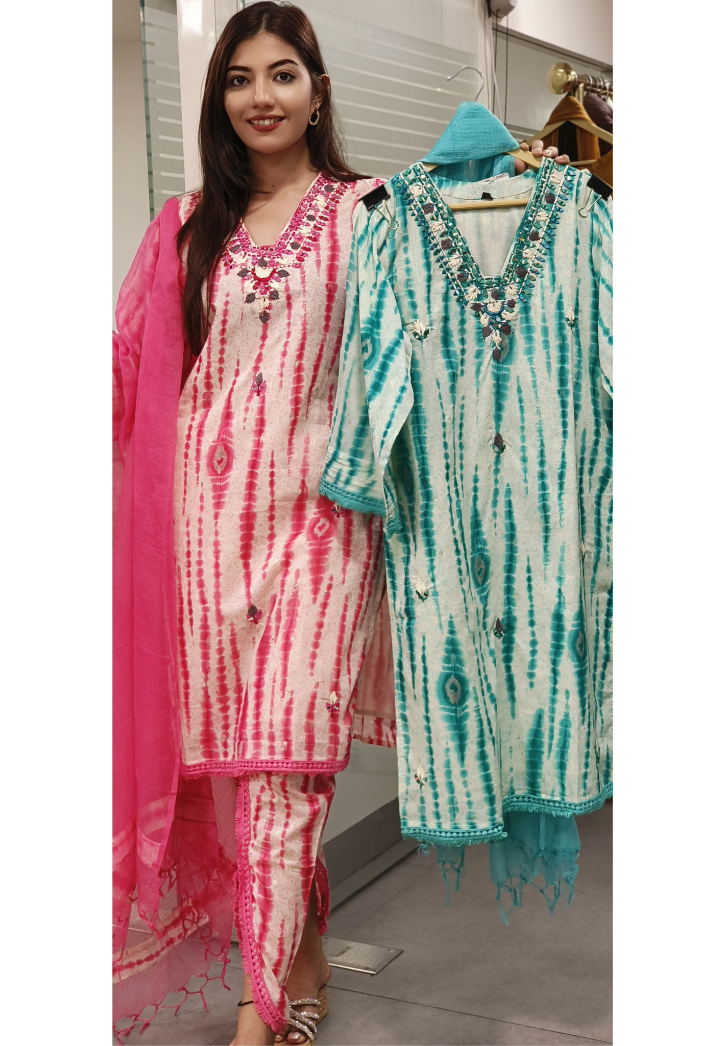 Elegant Tie-Dye Real Mirror Embroidered Full suit Set with Tulip Pants kora Doria Dupatta-09365,09367