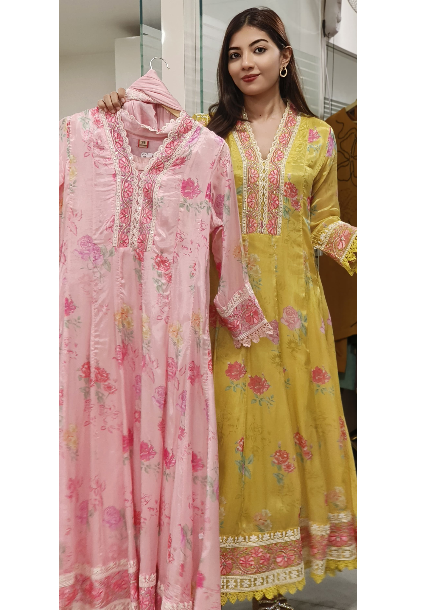 Elegant Floral Anarkali Kurta with Pand and Chifon Dupatta with Intricate Detailing-09369,09368