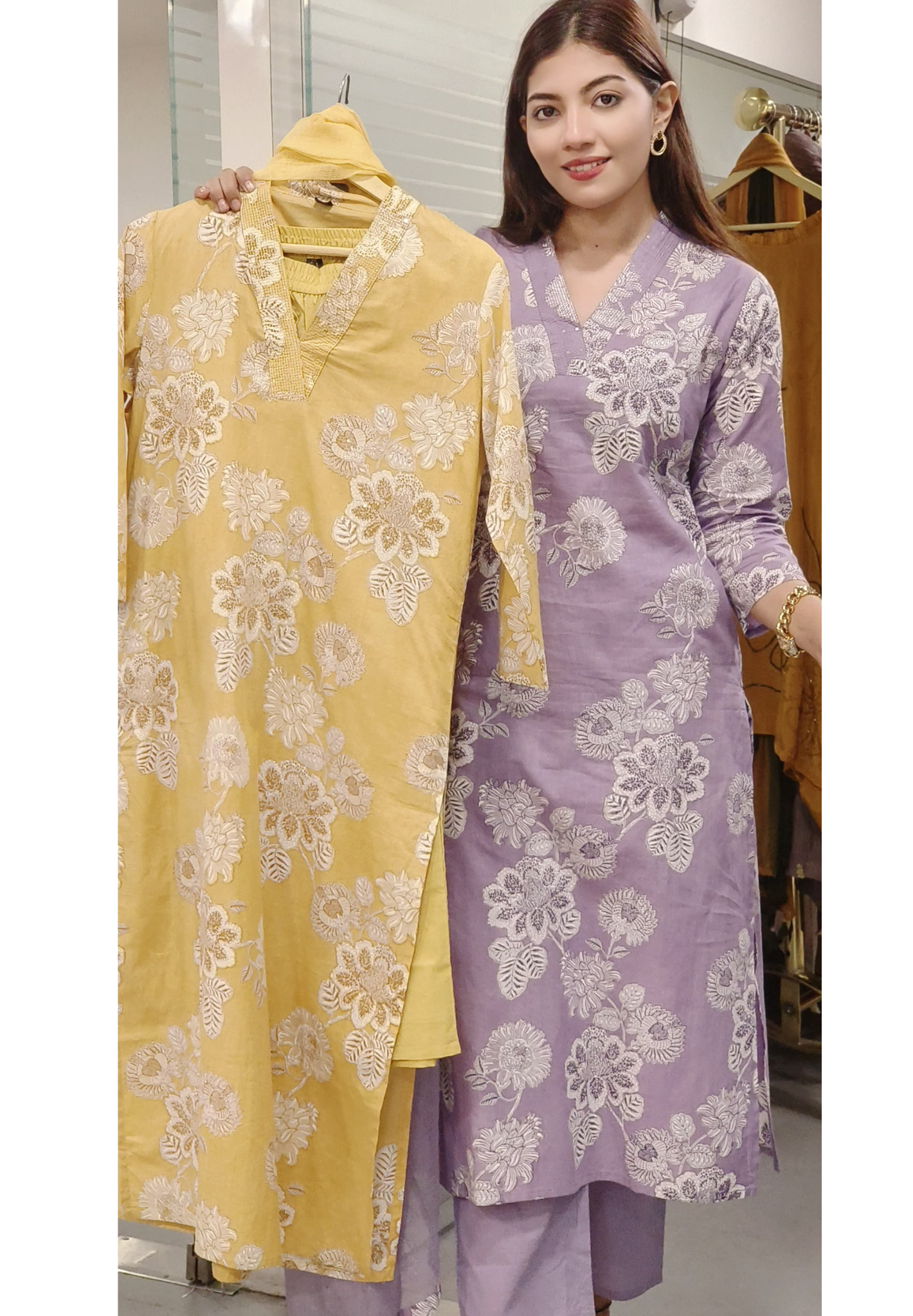 Floral Print V Neck Cotton Kurta With Bottom And Dupatta-09333,09332