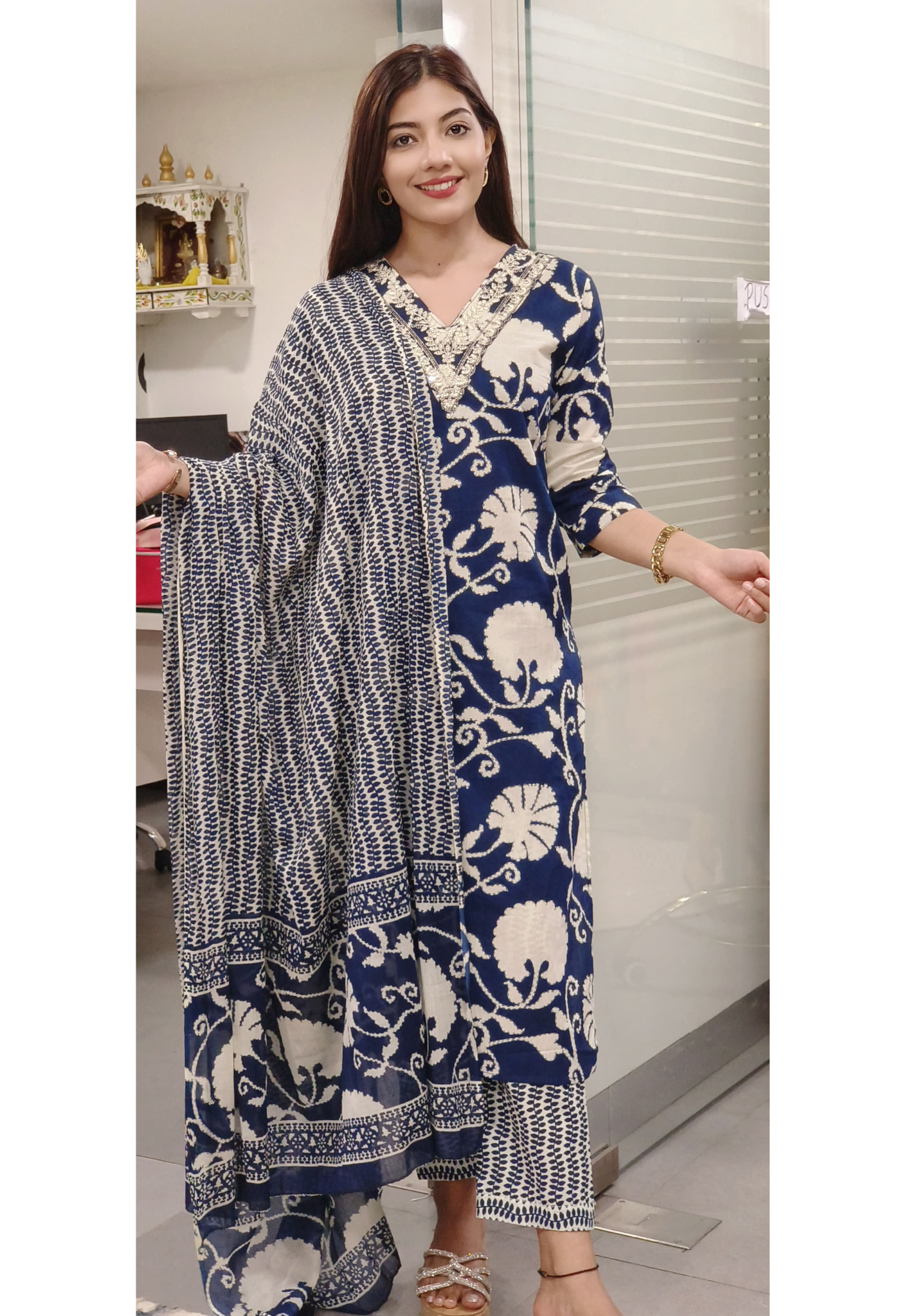 Flower Print Embroidered V Neck Cotton Kurta With Printed Bottom And Dupatta