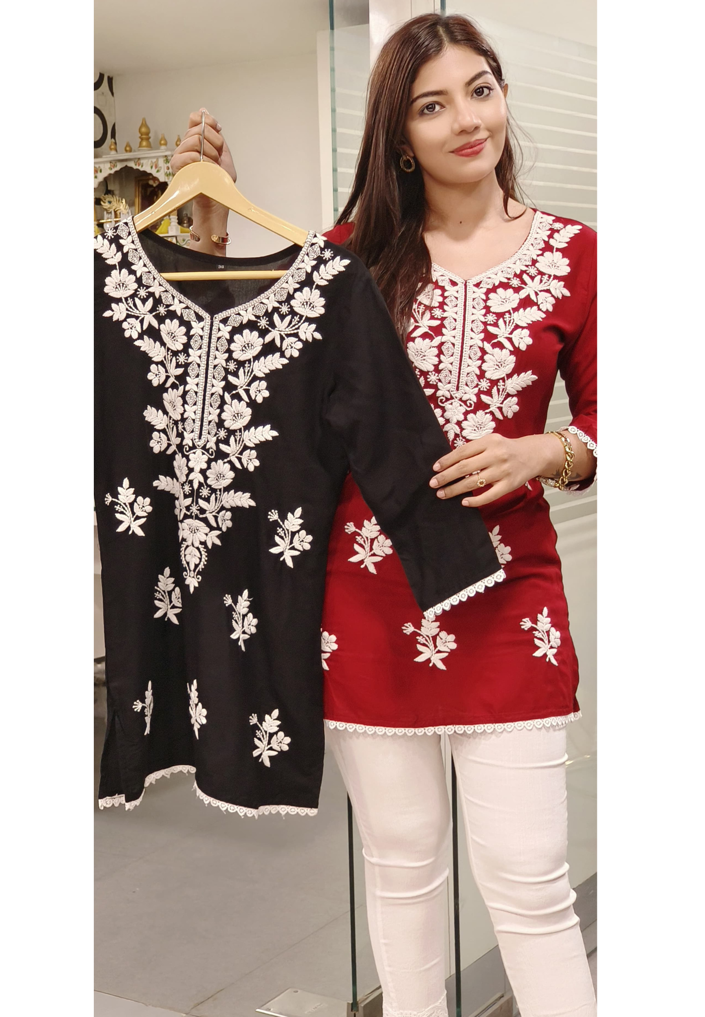 Chic Short Cotton slub Kurti with Elegant Embroidered Detailing-09392,09391