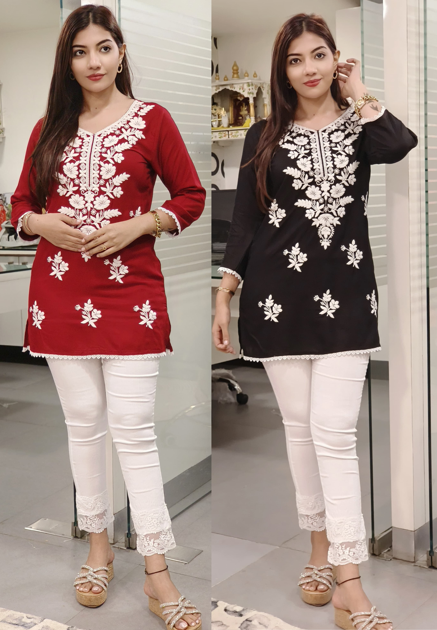 Chic Short Cotton slub Kurti with Elegant Embroidered Detailing-09392,09391