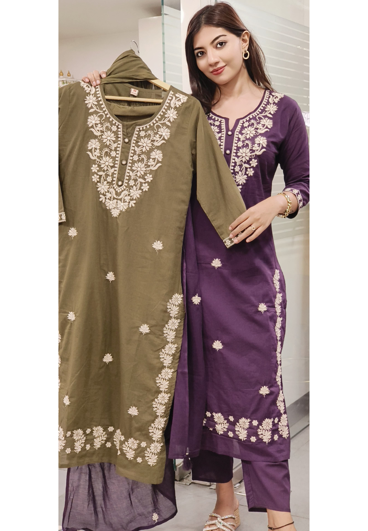 Mul Cotton White Thread Embroidered Full suit set-09345,09346