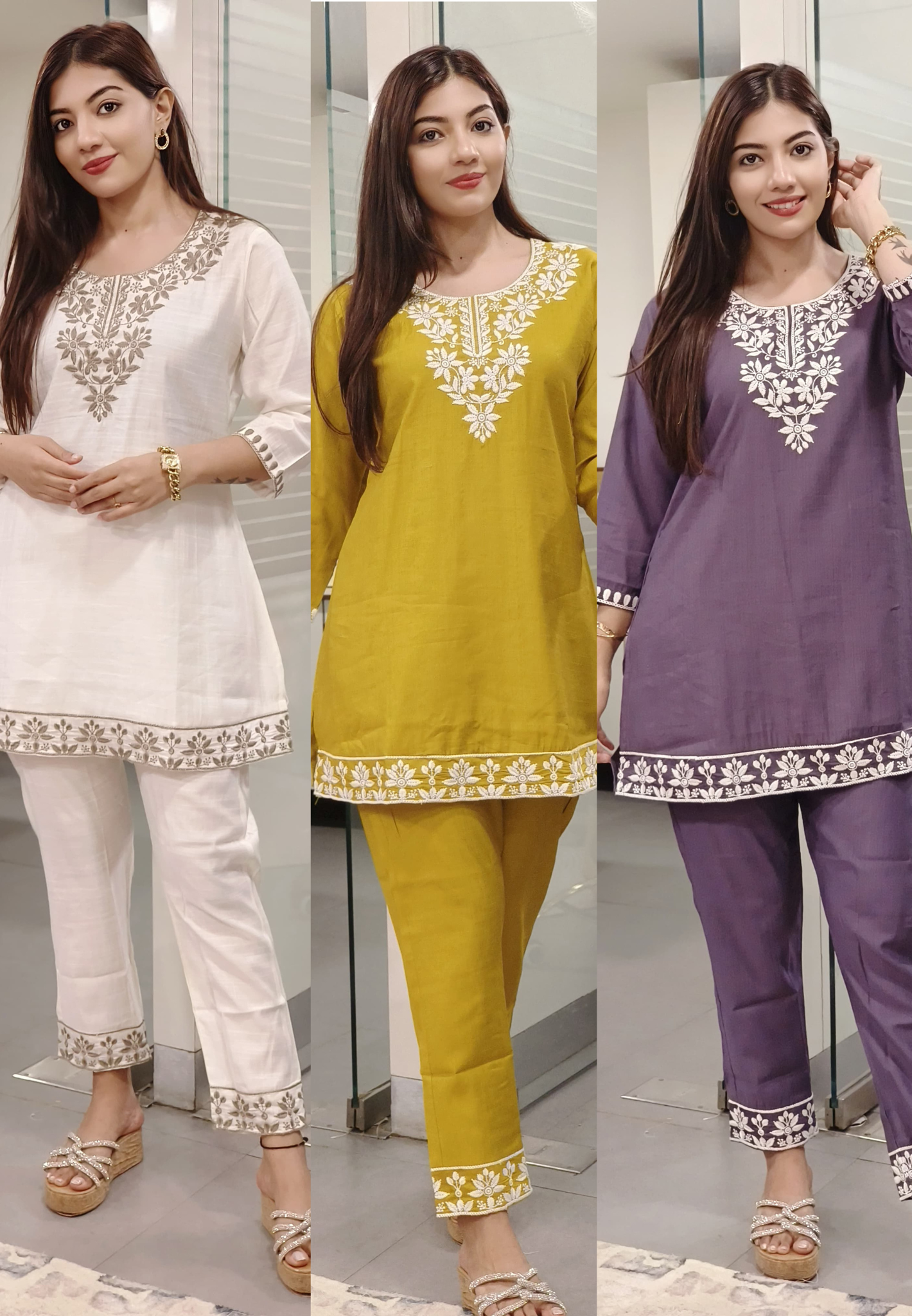 Thread Embroidered Cotton Mudal Short Kurta with Embridered Bottom-09385,09384,09386