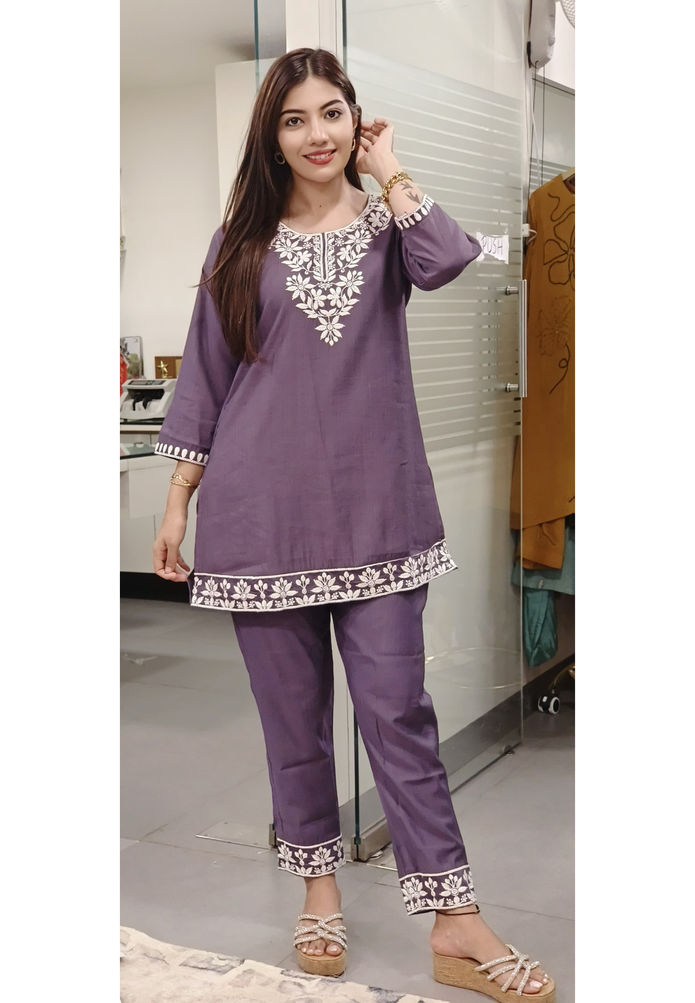 Thread Embroidered Cotton Mudal Short Kurta with Embridered Bottom-09385,09384,09386
