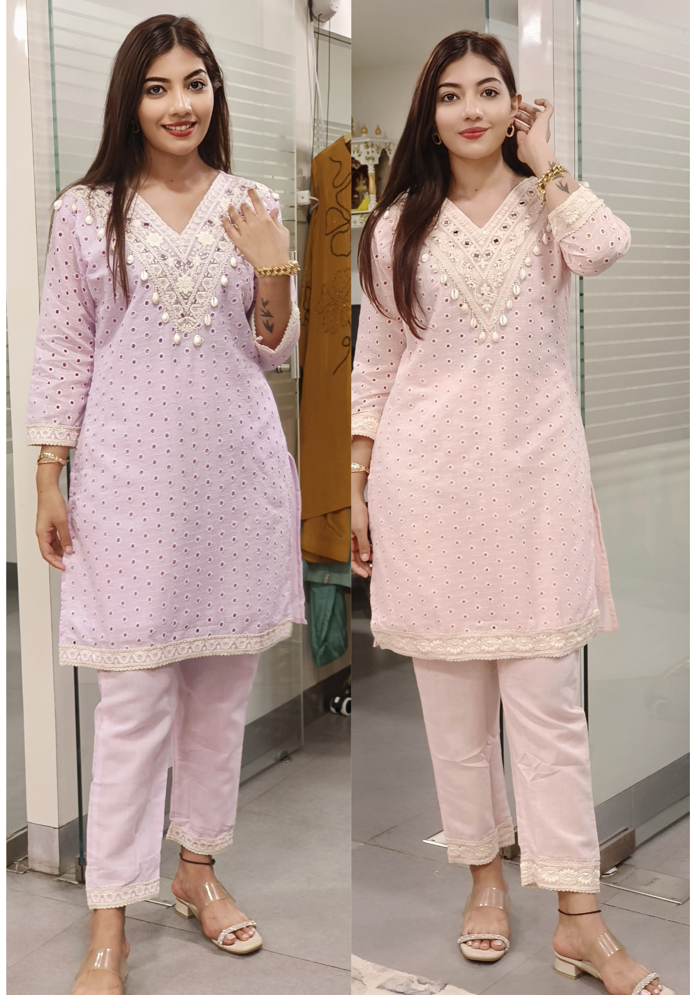 Pastel Elegance Foil Mirror Work Hacoba Cotton Kurta Pant-09395,09394,09393 Lean Fit