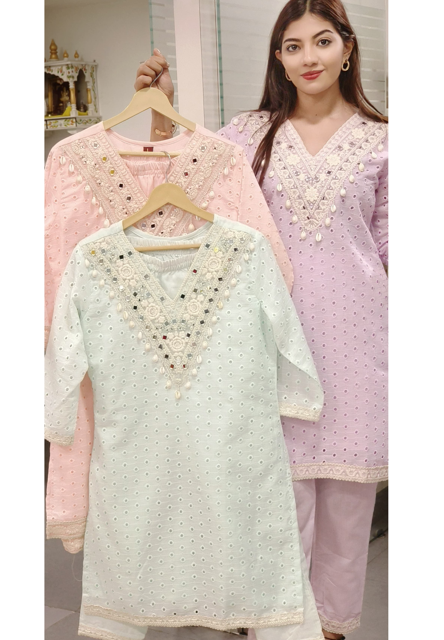 Pastel Elegance Foil Mirror Work Hacoba Cotton Kurta Pant-09395,09394,09393 Lean Fit
