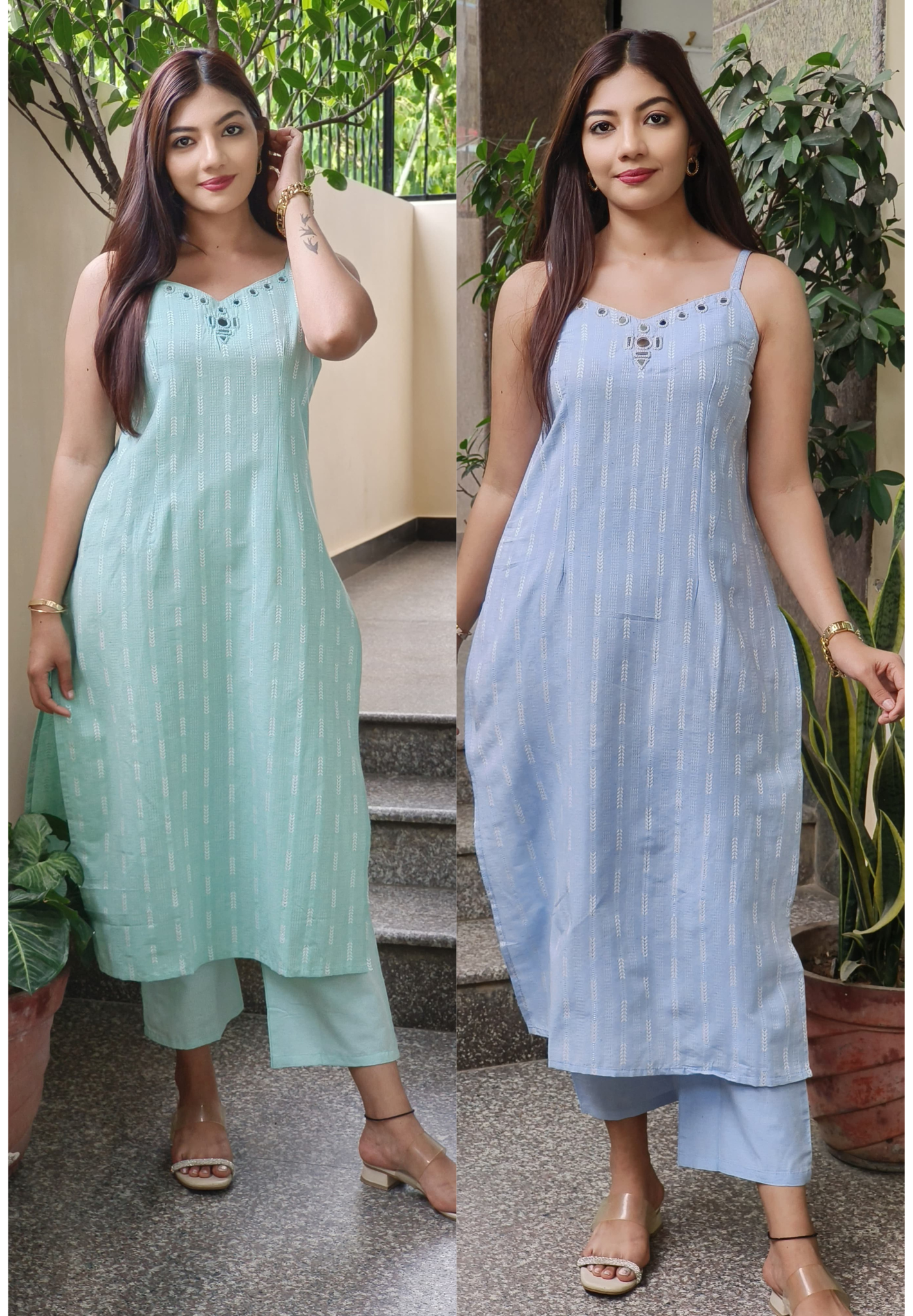Real mirror Summer style handloom Cotton Thin Strap Sleevless Kurta Pant-09350,09349