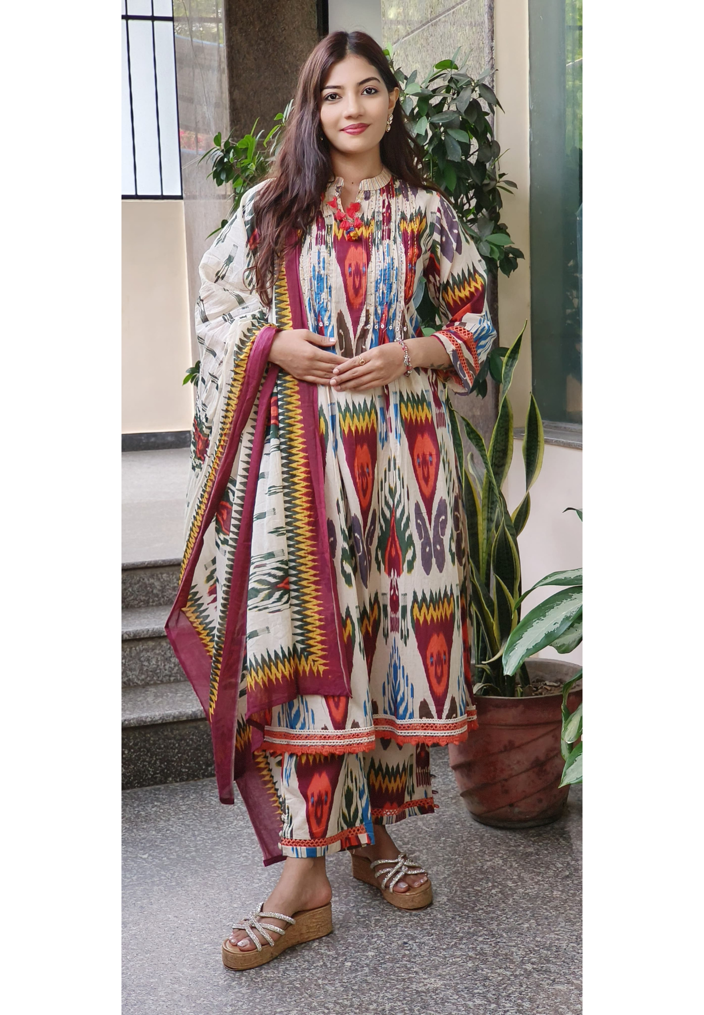 Ikkat print cotton Slight Aline Full suit embroidered neck menderian collar style-09278
