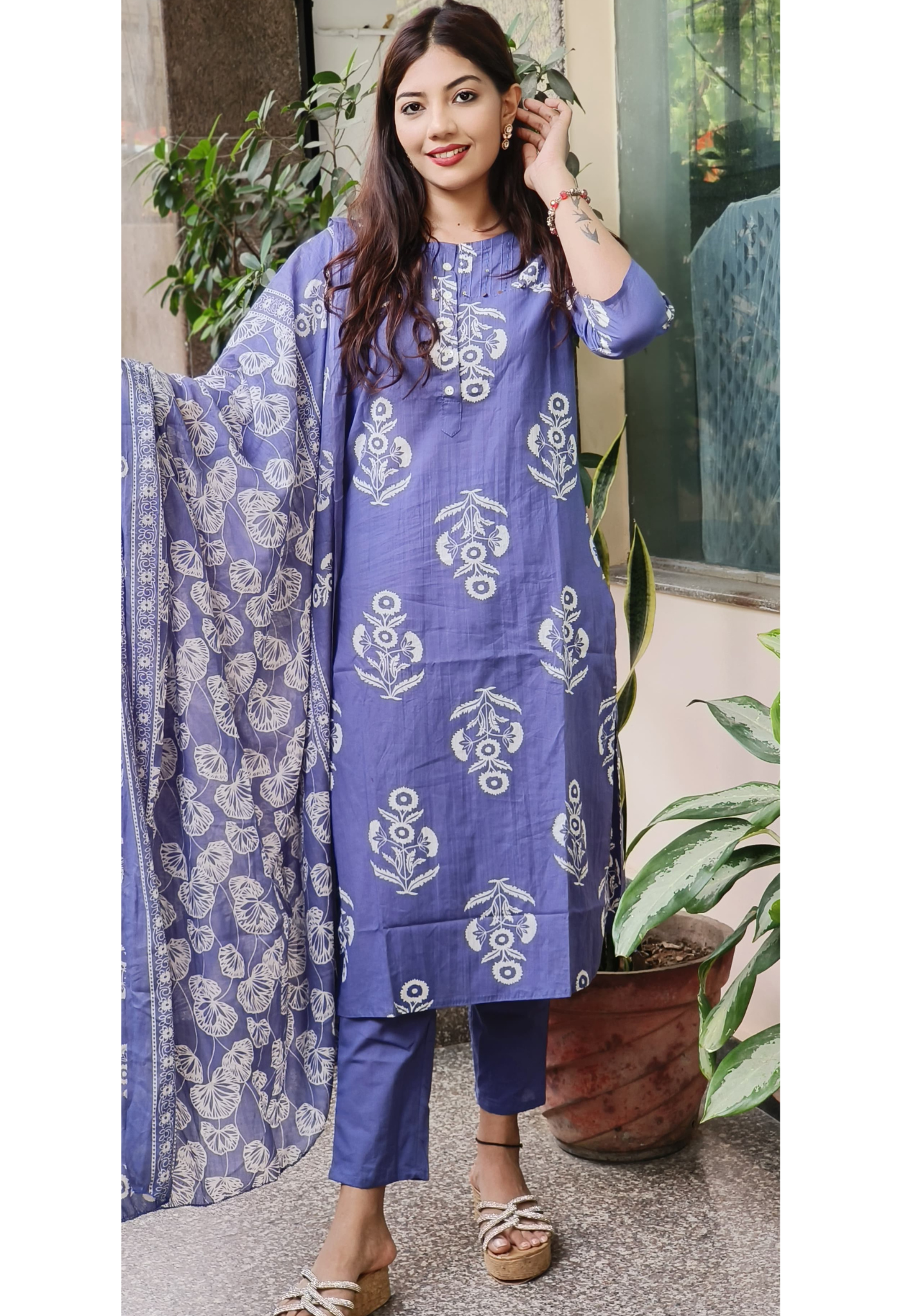 Pure cotton Printed Lilac Full Suit Set-09347