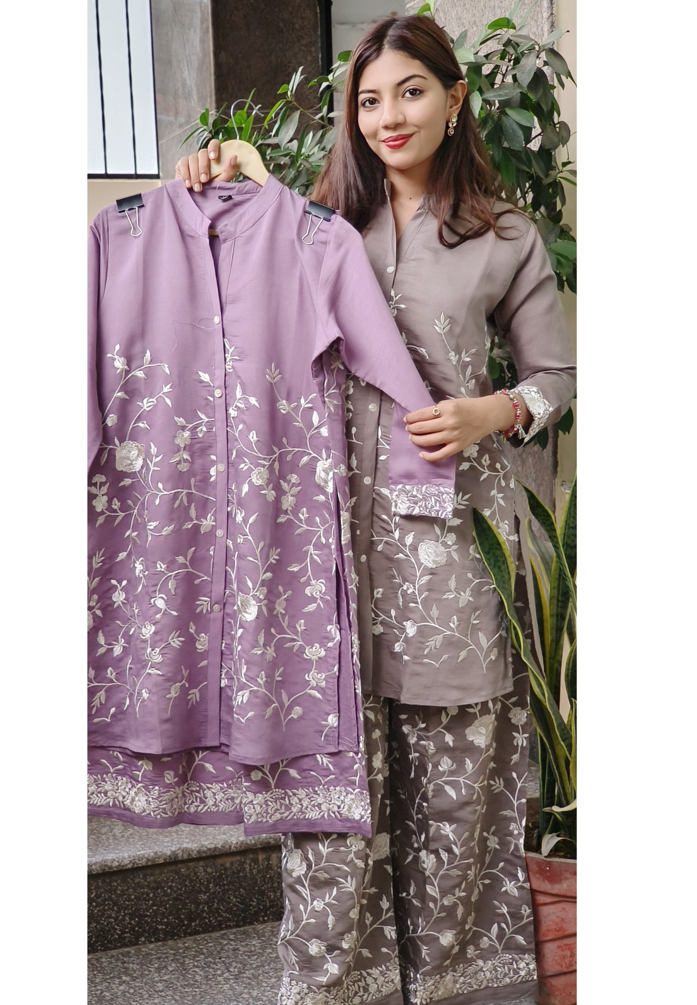 Mudal Silk Thread Embroidered manderian collar Top with Embroidered loose pant cordset