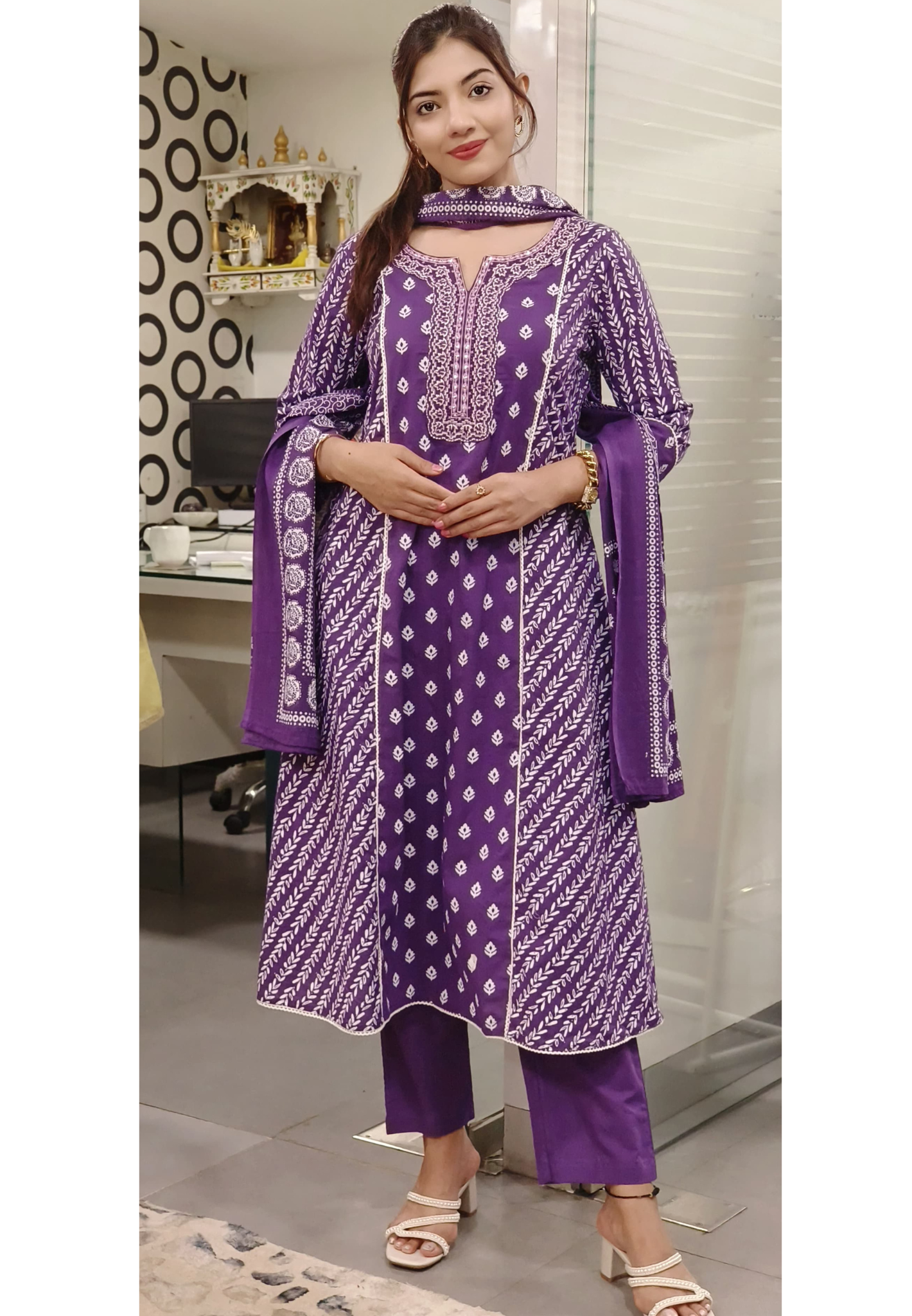 Aline Cotton printed Foil Embroidered Mirror Work full suit set 09274,09275