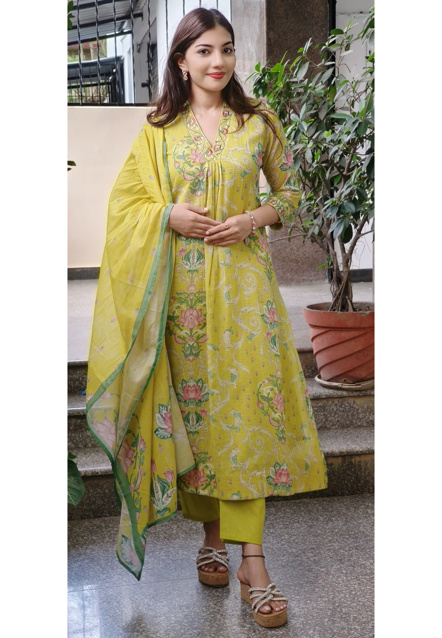 Elegant Kora Checks Mul Cotton Anarkali Set with Intricate Embroidery-09378