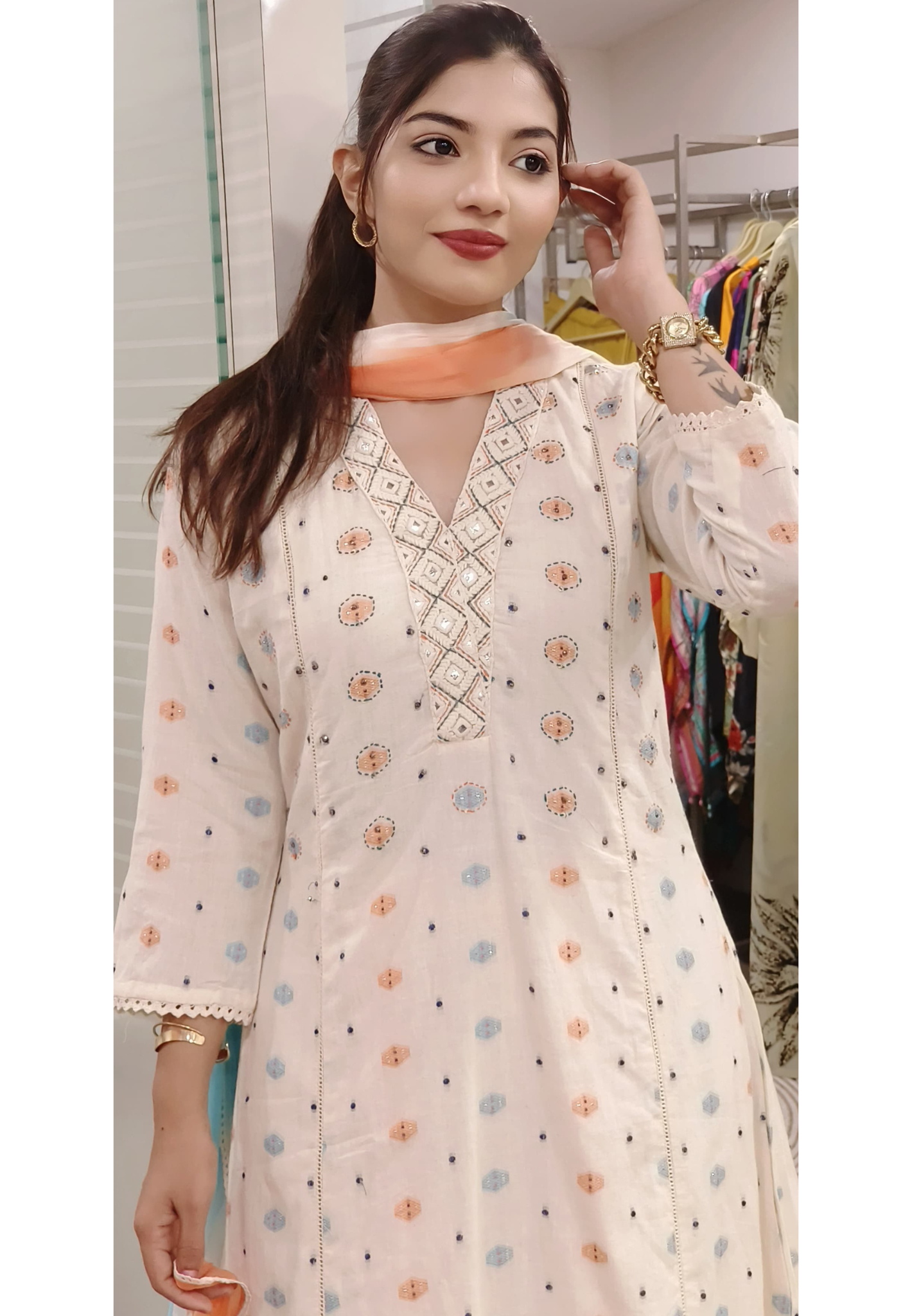 Elegant Handwoven Cotton Suit Set with Embroidered Kurta, Striped Pant , and  Detailing Neck with Dupatta