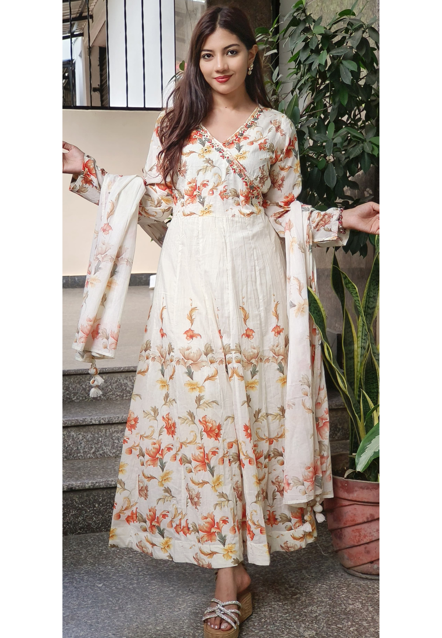 Floral Print Angrakha style Cotton Anarkali full suit 09362