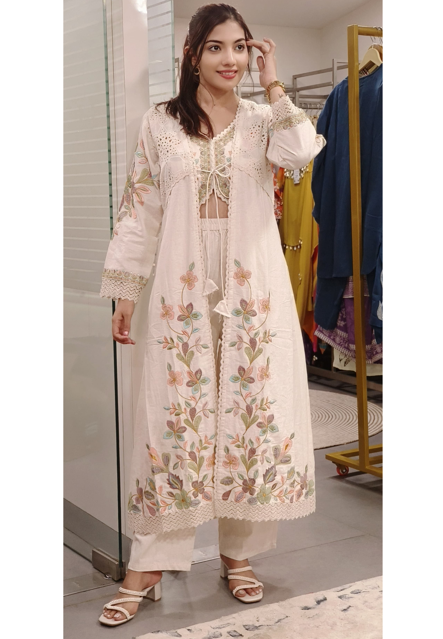 Graceful Flex Cotton Embroidered Crop Top, Palazzo, and Shrug Set for Effortless Elegance-9356