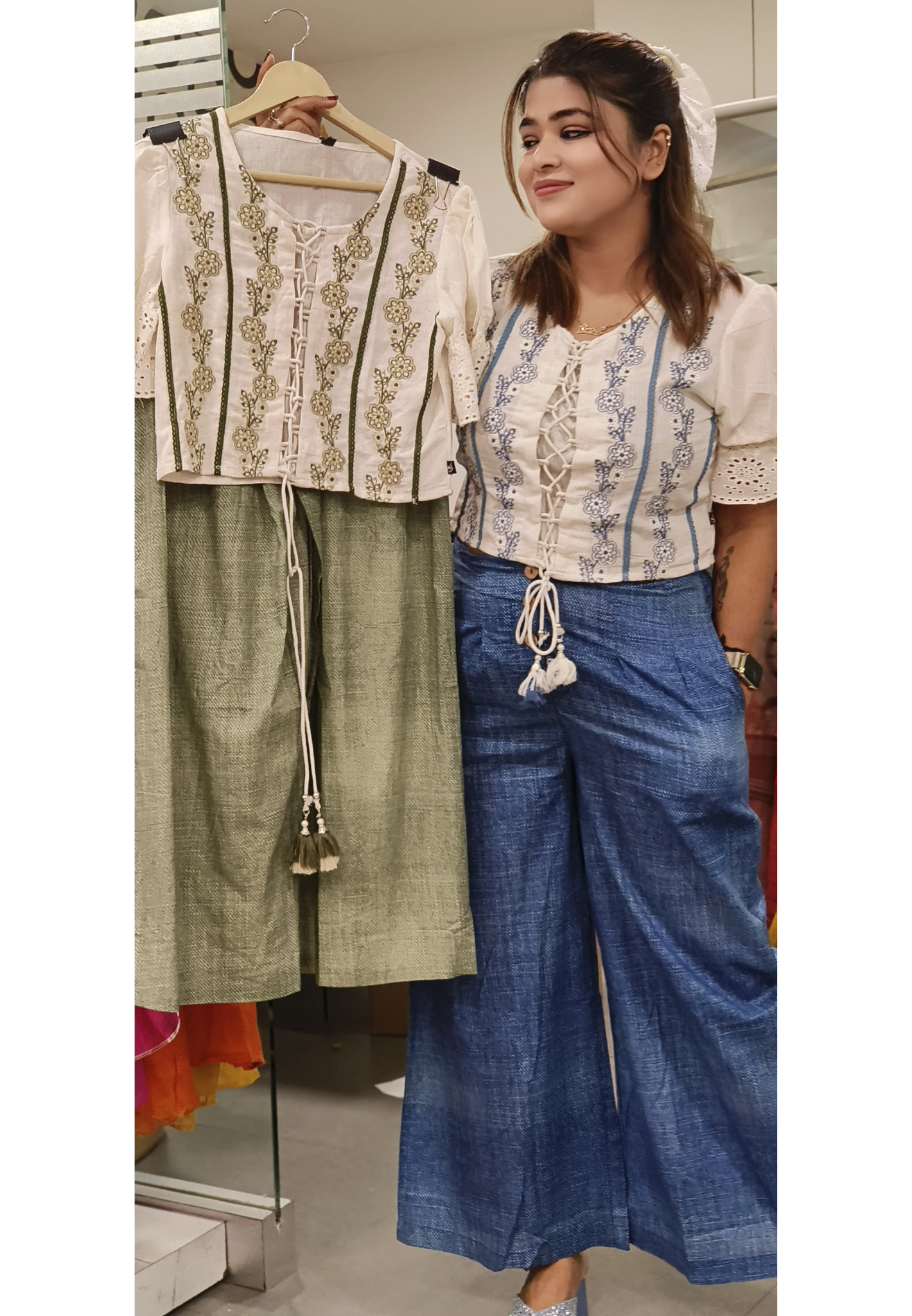 Embroidered Cotton Crop Top With Loose Pant-09438,09437