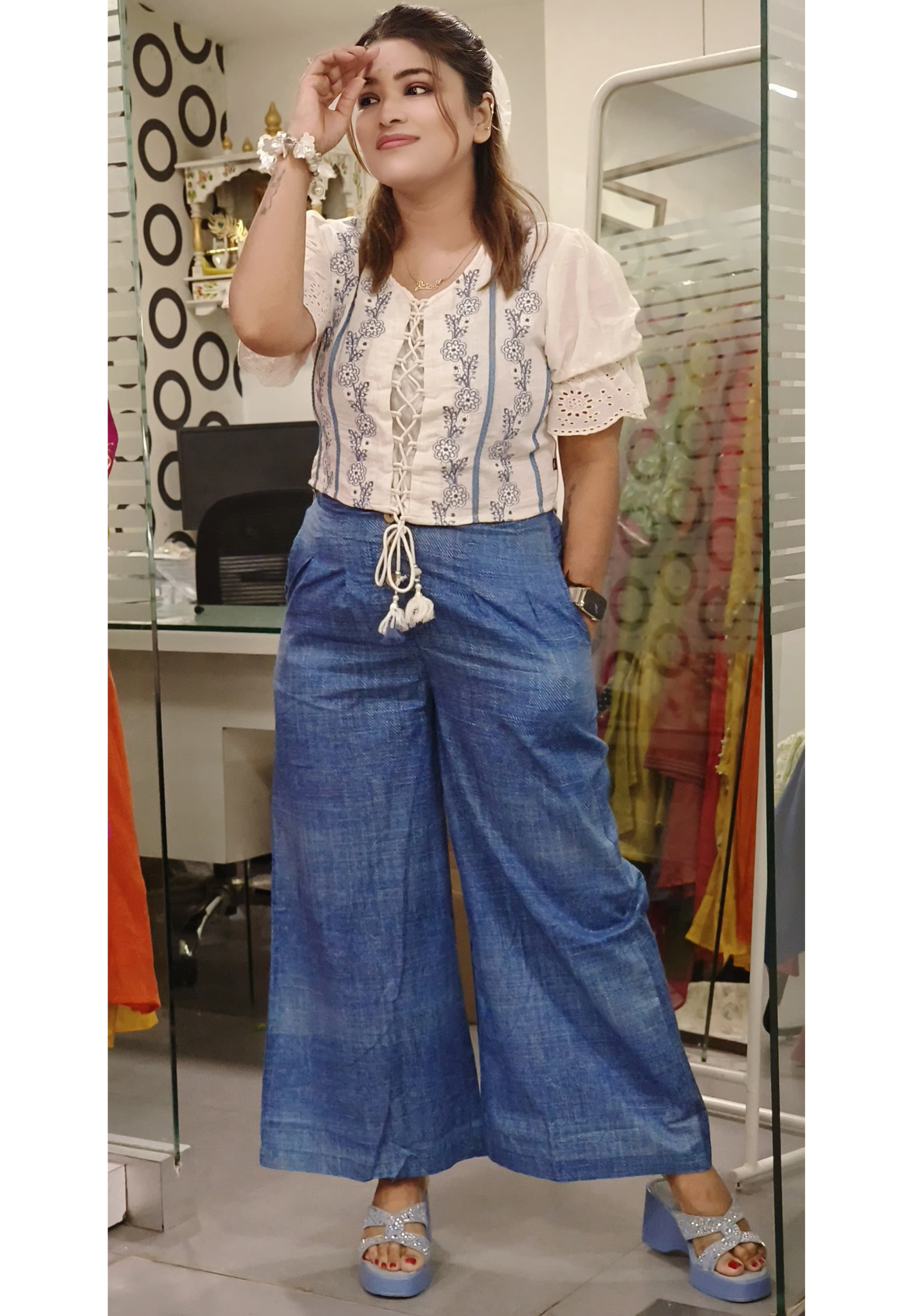 Embroidered Cotton Crop Top With Loose Pant-09438,09437