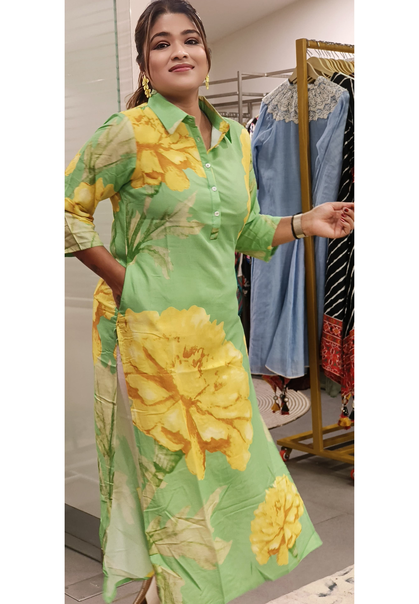 CottonSlub Collar Style Floral Print Only Kurti-09432,09433