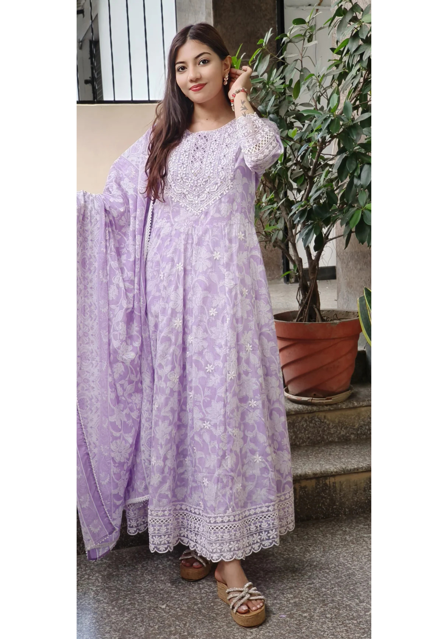 Lavender Floral Cotton Anarkali Suit with Intricate Embroidery-09361