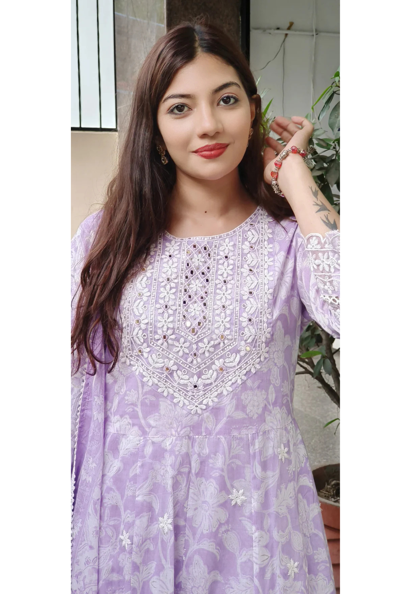 Lavender Floral Cotton Anarkali Suit with Intricate Embroidery-09361