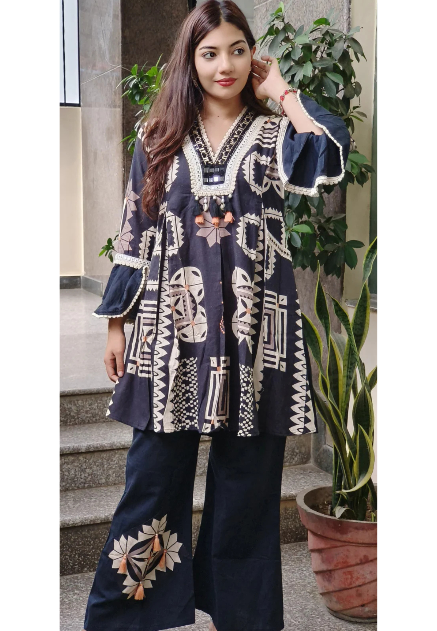 Flex Cotton Tribal-Inspired Printed Kurta with Embellished Details