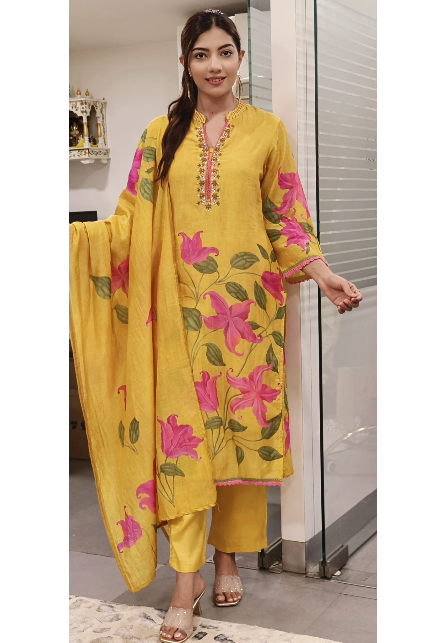 Floral Print Yellow Summer wear Cotton Full Suit Set 09440
