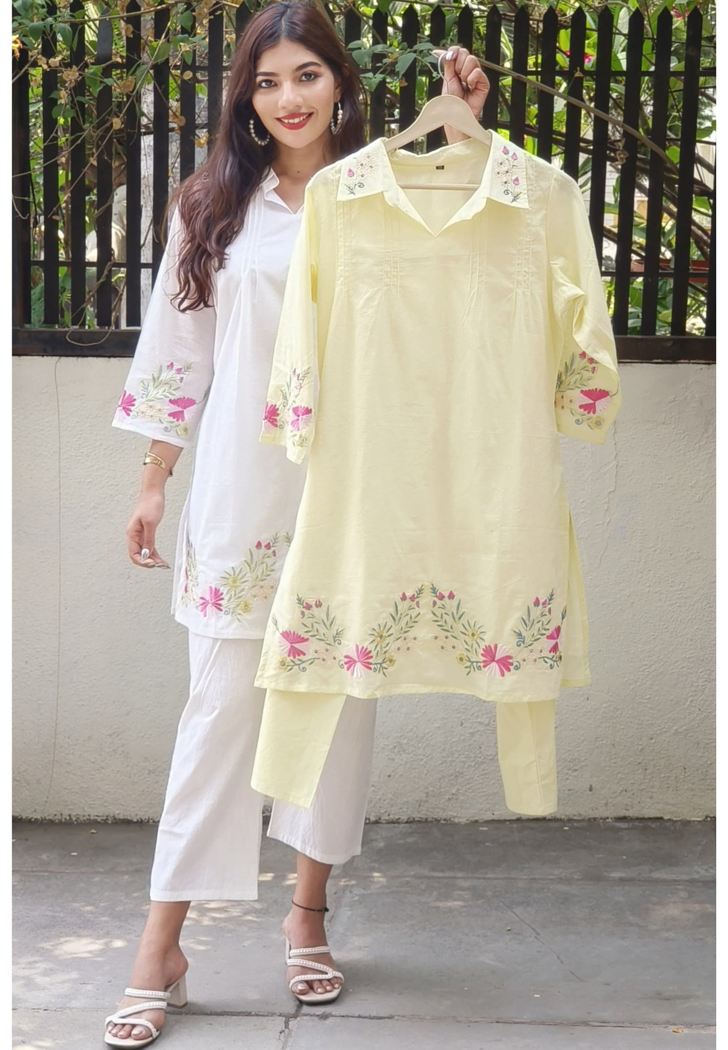 Light Shade Embroidered Floral Breeze Cotton Kurta Pant Set-9493,9492