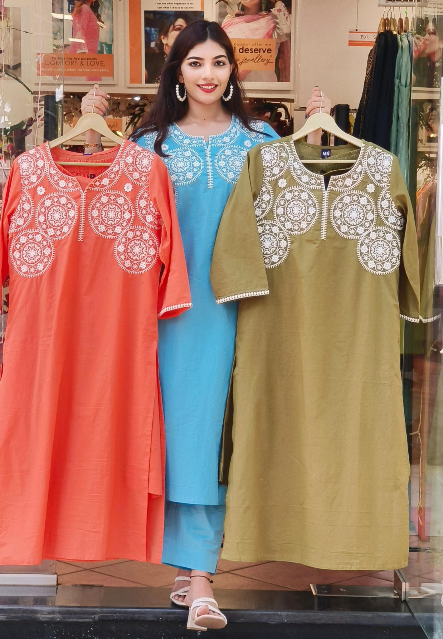 Aline Solid Shade Elegant Embroidered Cotton Kurta With Loose Pant