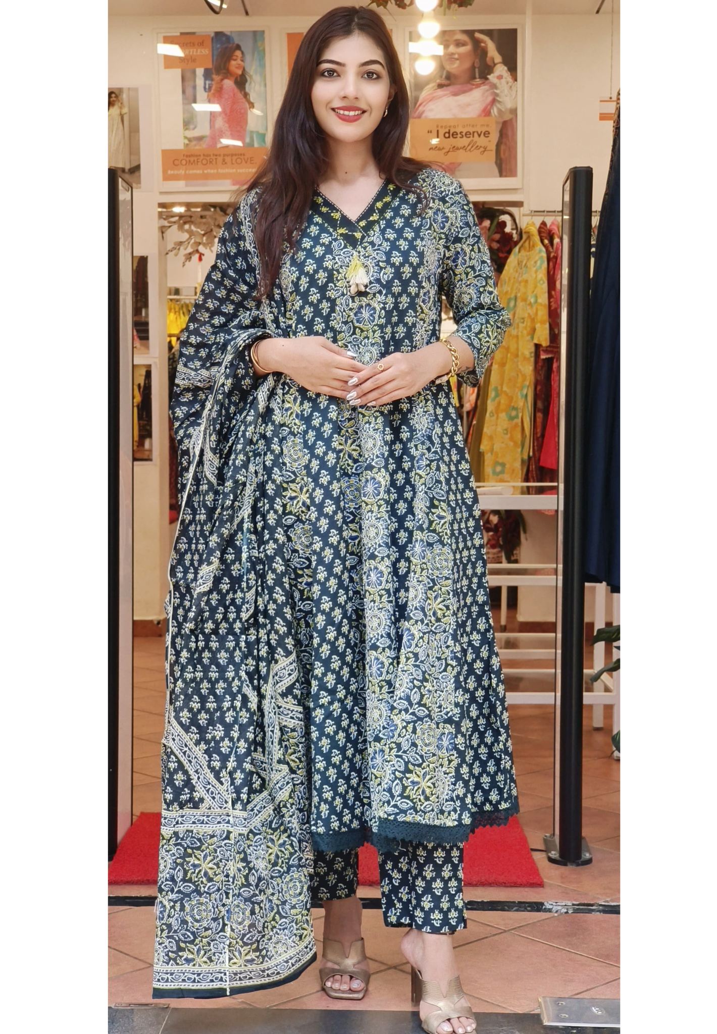 Graceful Printed Cotton Anarkali Panel Full Suit Set Flared Kurta with Matching Bottom & Dup-9497