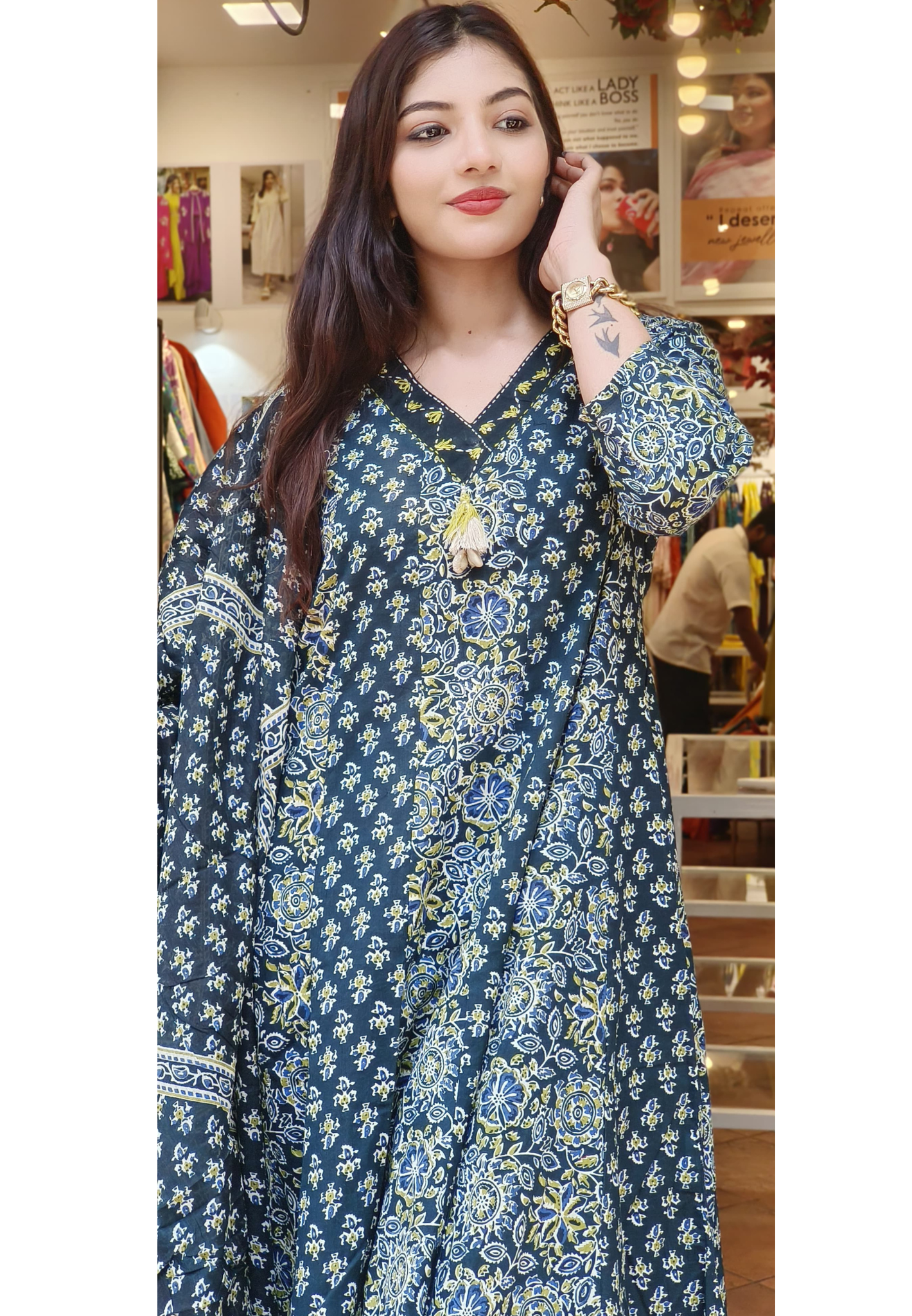 Graceful Printed Cotton Anarkali Panel Full Suit Set Flared Kurta with Matching Bottom & Dup-9497