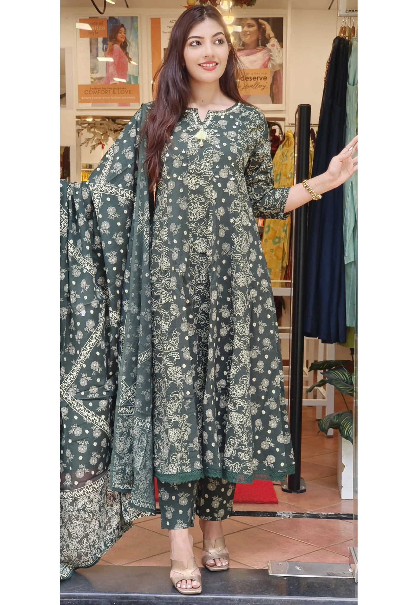 Ethnic Wear for Women Elegant Green Panel Anarkali Pure Cotton-9496
