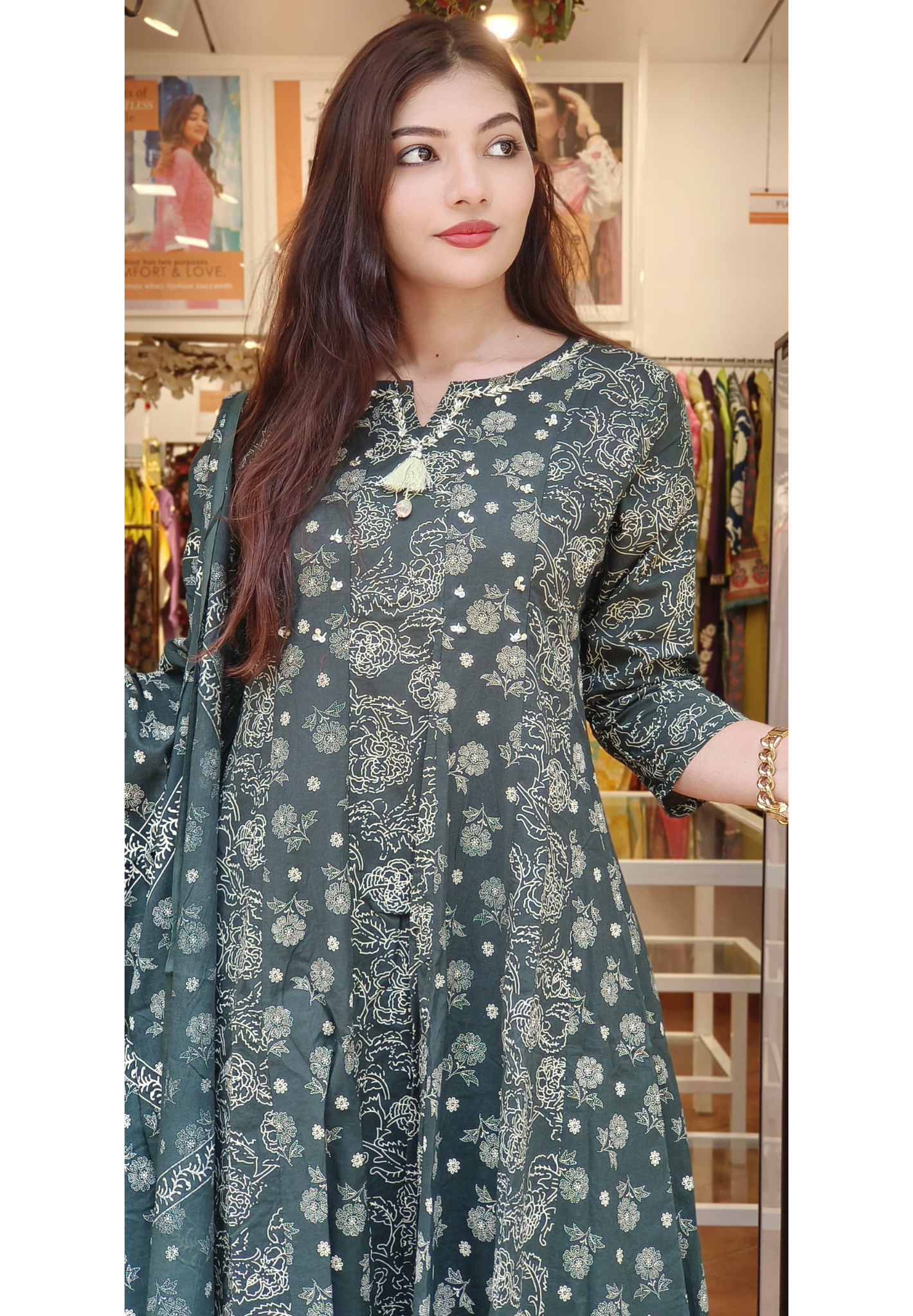 Ethnic Wear for Women Elegant Green Panel Anarkali Pure Cotton-9496