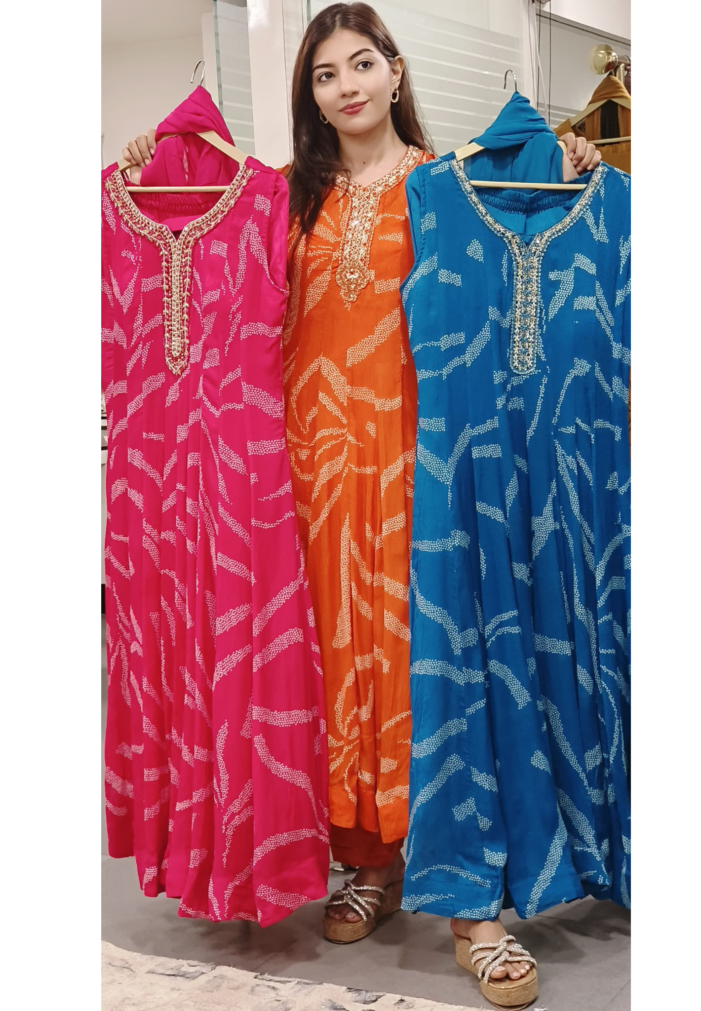 Chinon Fabric Pannel Sleeveless Anarkali With Bottom And Dupatta sleeves attached inside 9124,9125,9123