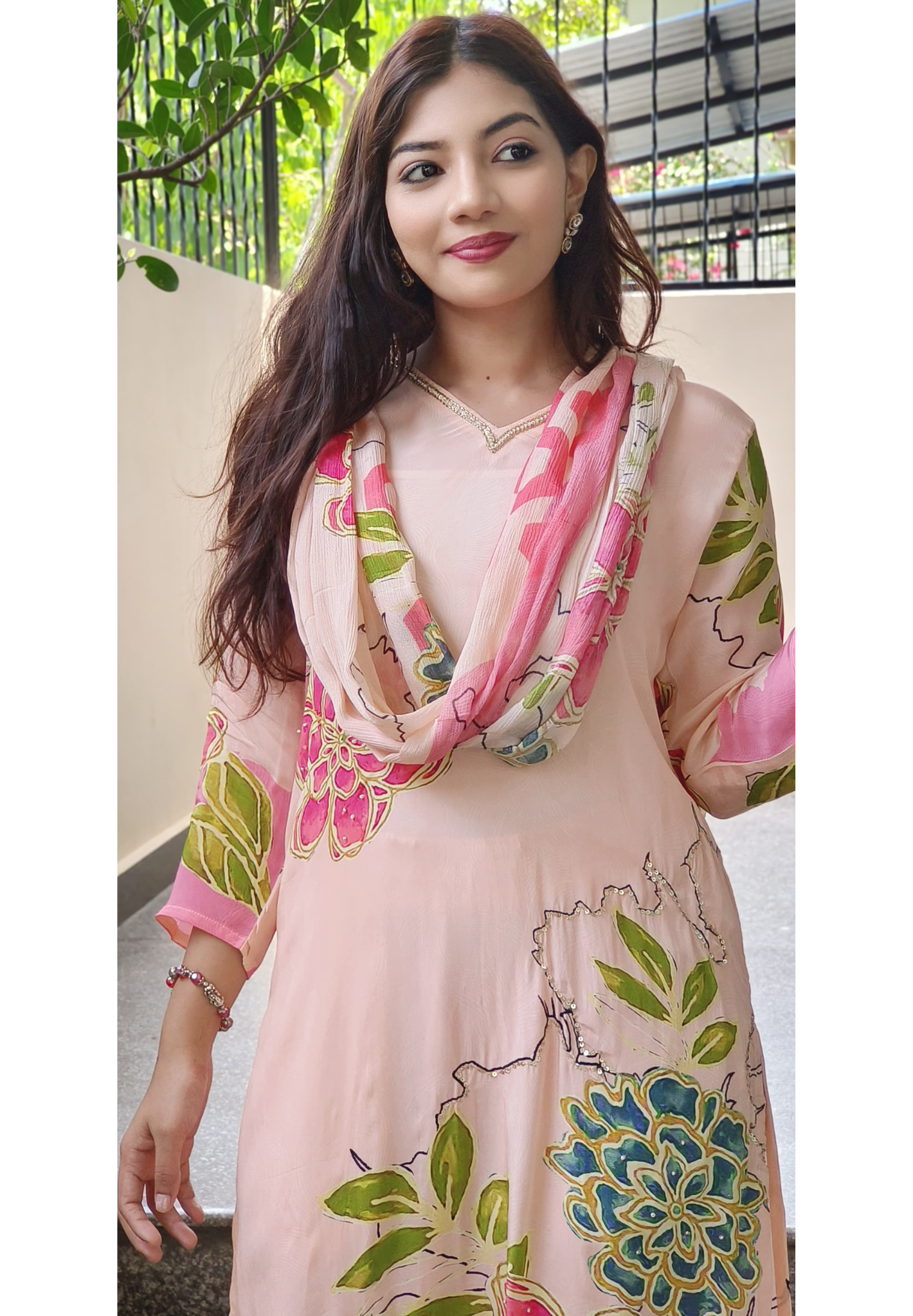 Embroidered Neck Floral Elegance Premium Crepe Kurta Pant with Chinon Dupatta -9383