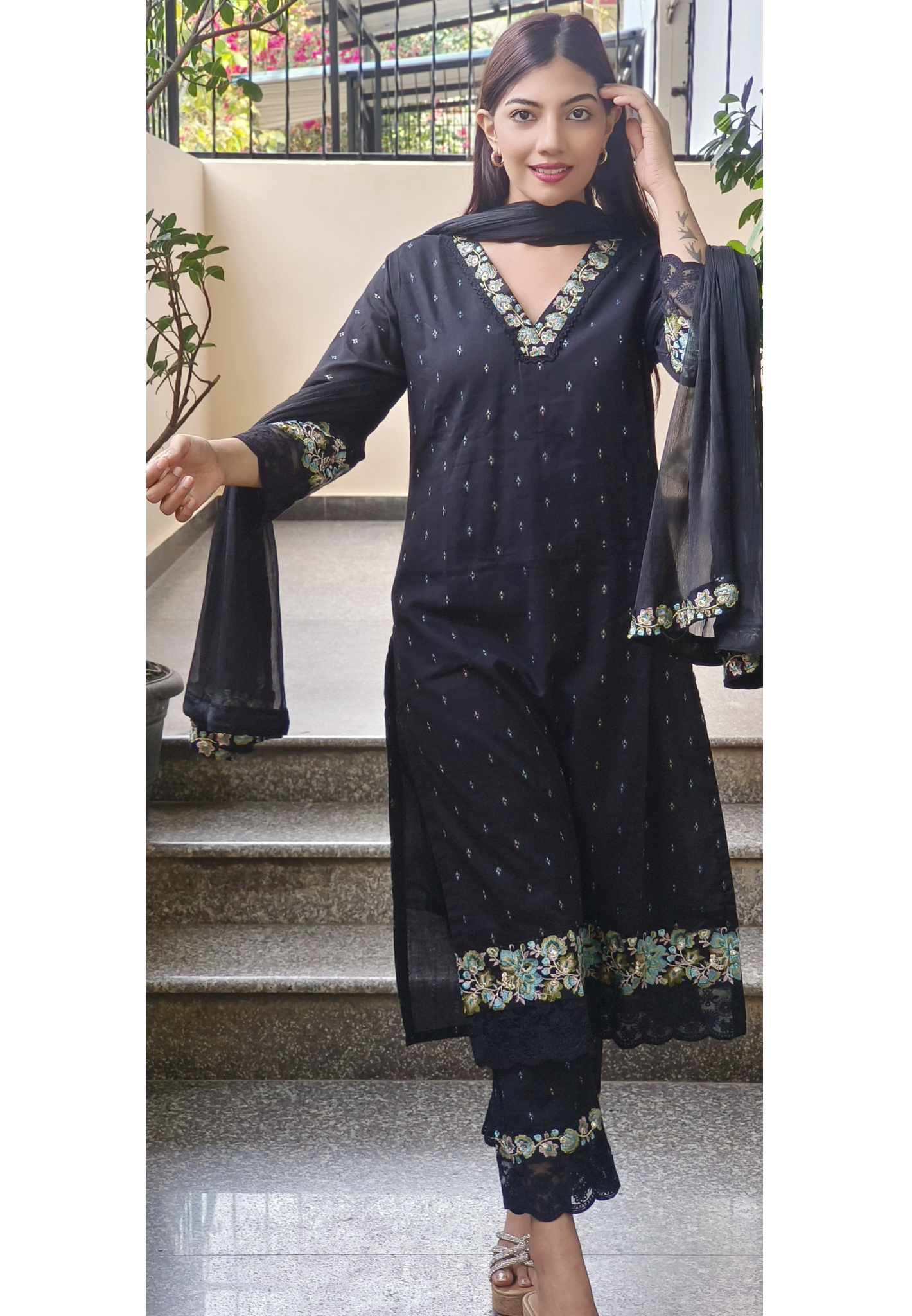 Embroidered lace work cotton kurta with stylish pant with dupatta-9152