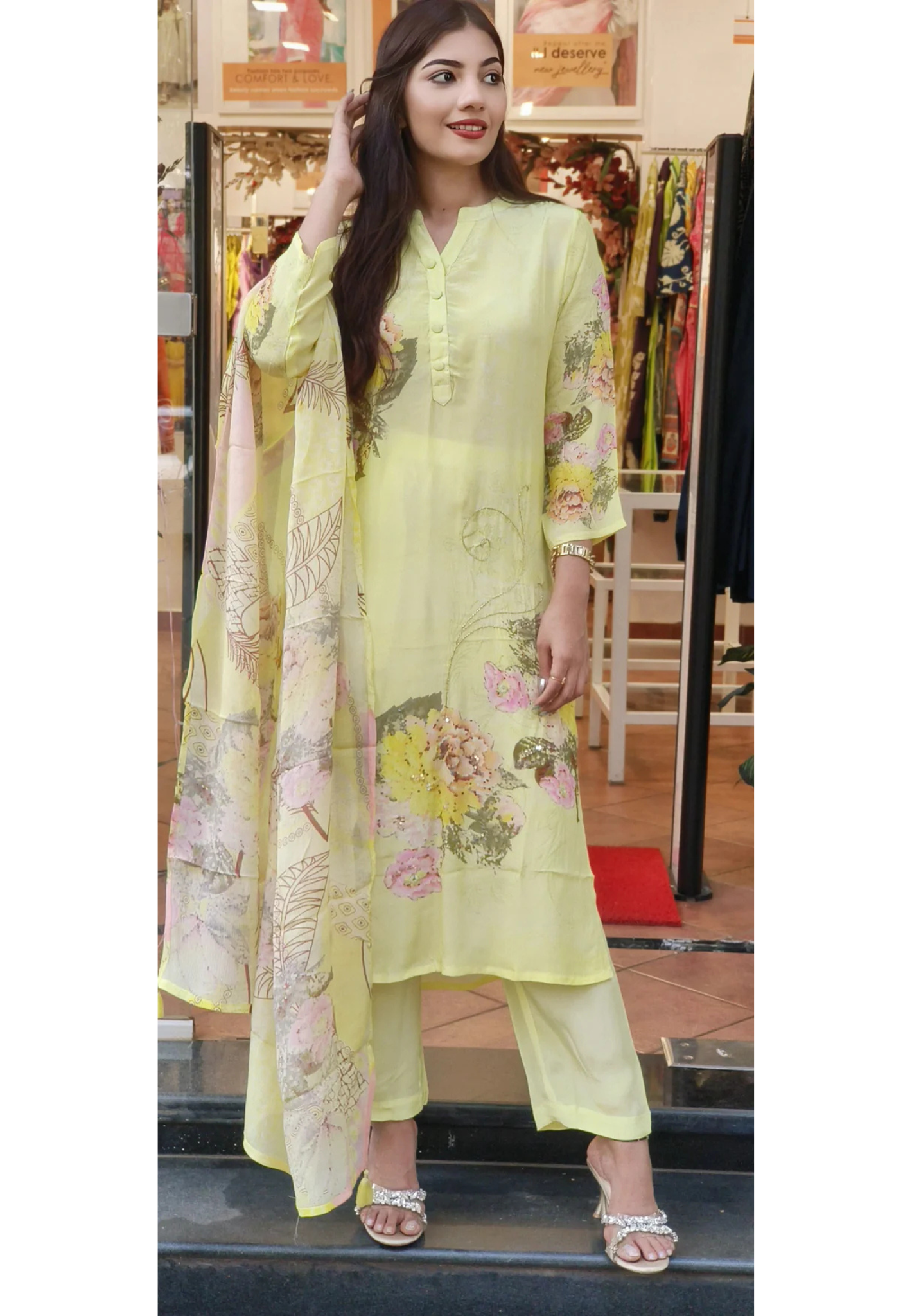 Pure Crepe Flower Print Embroidered Cut Dana Kurta pant and Dupatta-9494